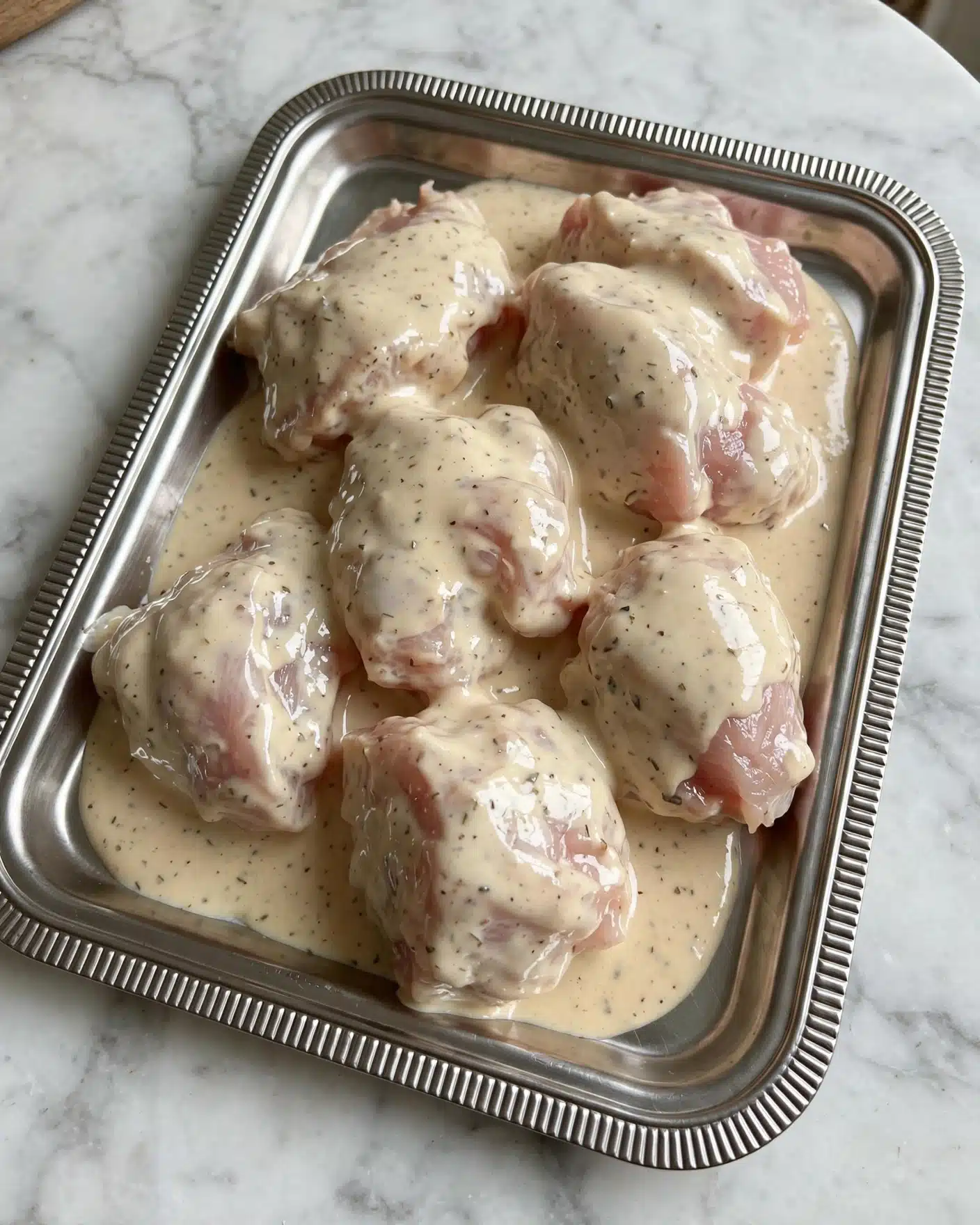 A silver rectangular tray on a white marbled surface holds several pieces of raw light pink meat fully covered in a smooth, creamy light beige sauce with tiny darker specks. The sauce has a slightly thick texture, evenly coating the meat, which shows some shiny, moist areas. The tray and sauce create a simple, clean look with soft contrast between the light pink meat and the pale sauce photo taken with an iphone --ar 4:5 --v 7