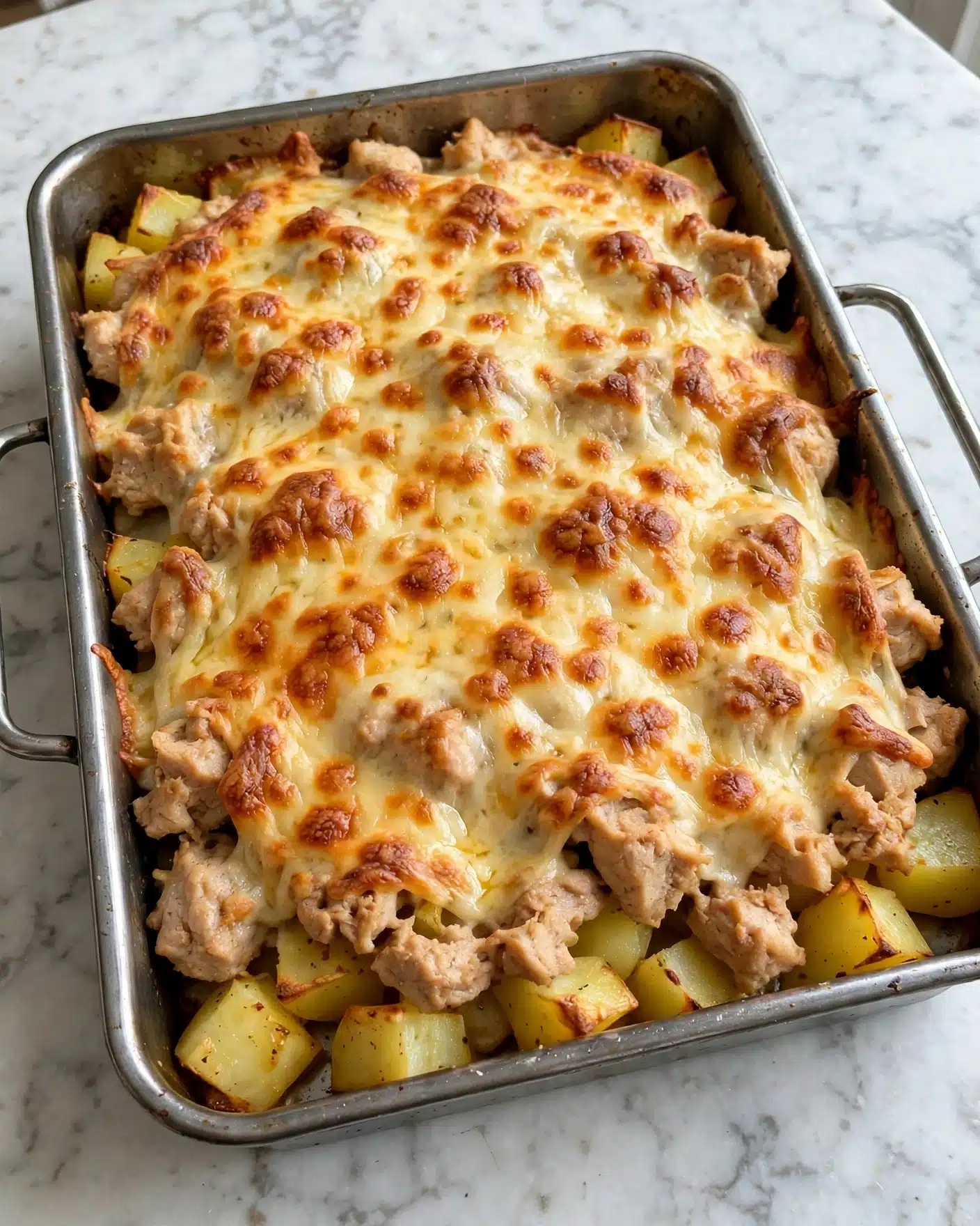 A rectangular metal baking tray filled with a layered dish that has a top layer of melted, golden-brown cheese with small darker browned spots. Underneath the cheese, there are chunks of cooked chicken mixed with small pieces of cooked potatoes, all covered with the cheesy layer. The dish looks creamy and baked with a slightly crispy cheese layer on top. The tray is placed on a white marbled surface. photo taken with an iphone --ar 4:5 --v 7