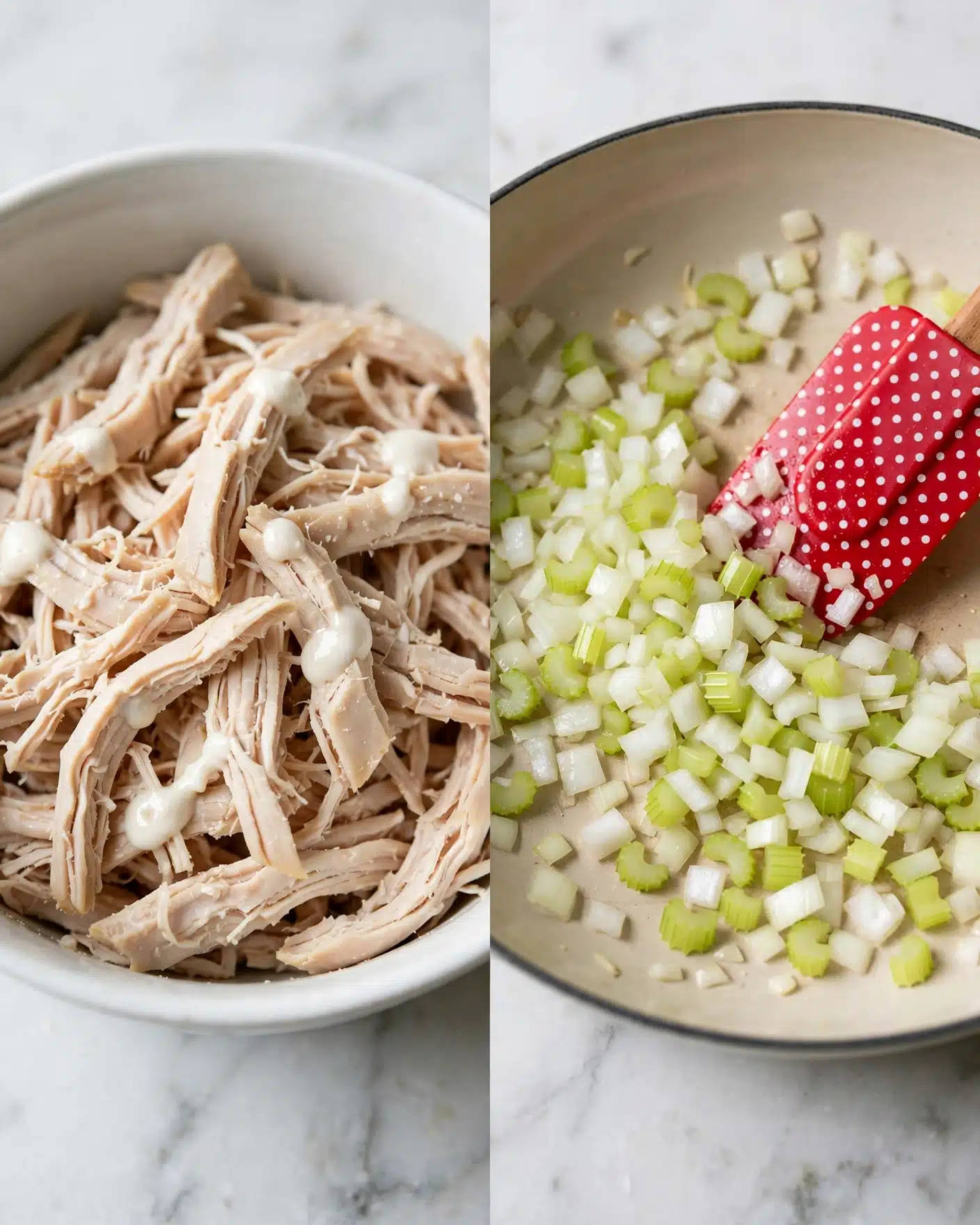 The image shows two close-up views side by side. On the left, there is a white bowl filled with shredded light beige cooked chicken pieces with small drops of white creamy sauce on top, all resting on a white marbled surface. On the right, inside a light beige pan, there are small chopped pieces of white onion mixed with light green celery being stirred by a red spatula with white polka dots, the pan also sits on a white marbled surface. photo taken with an iphone --ar 4:5 --v 7