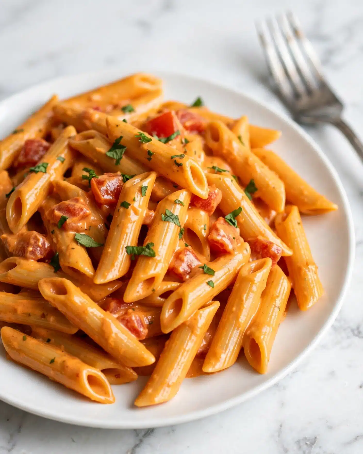 A white plate is filled with a creamy pasta dish made of penne pasta coated in a thick, orange sauce. The penne pasta pieces are slightly glossy with the creamy sauce and mixed with small chunks of red tomatoes. There are small green herb pieces scattered over the top, adding a bit of color contrast. The pasta looks rich and smooth, piled softly on the plate, and there is a silver fork visible in the background on the white marbled surface. photo taken with an iphone --ar 4:5 --v 7