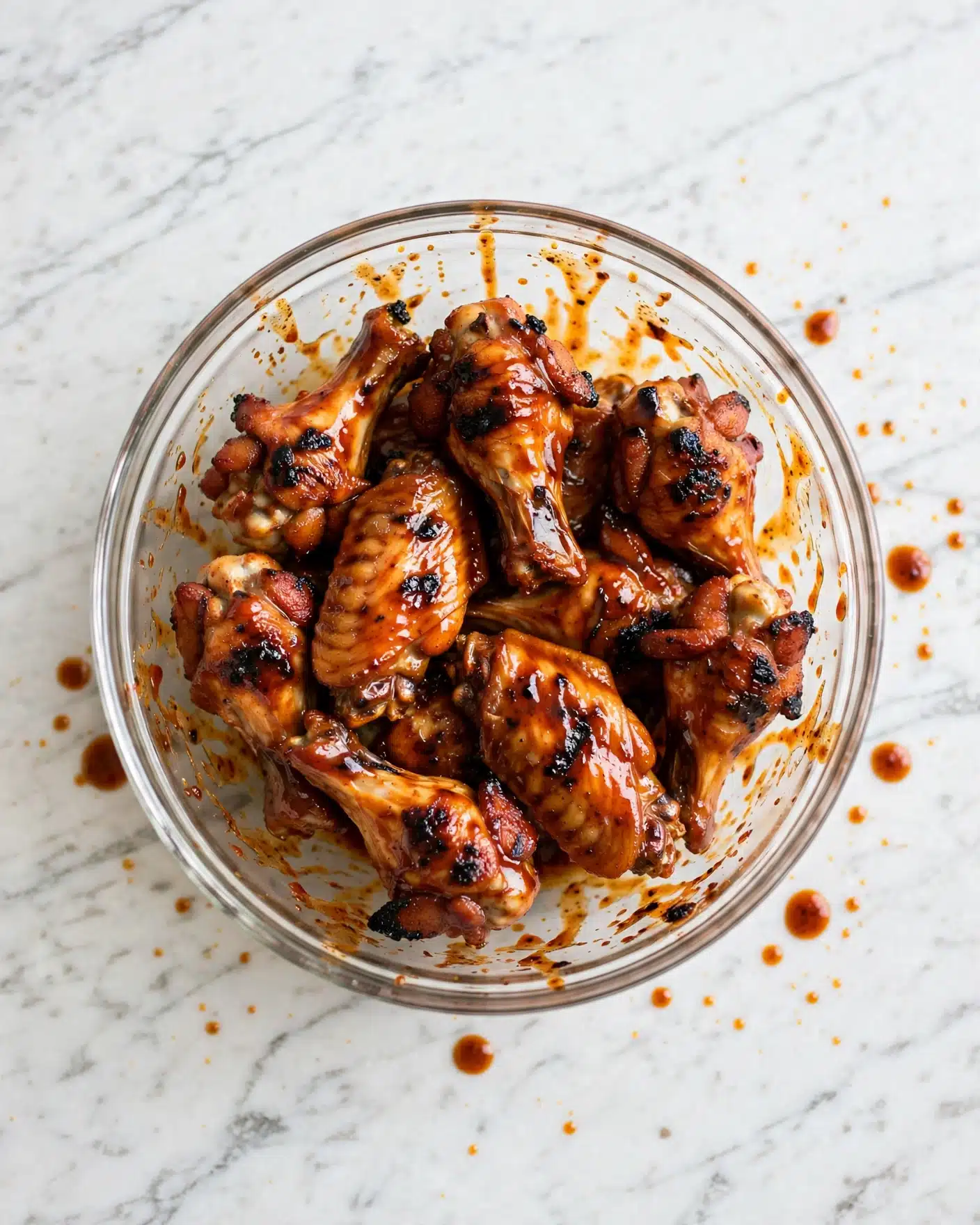 A clear round glass bowl filled with about a dozen golden brown chicken wings coated evenly in a shiny, sticky reddish-brown sauce with visible black char marks on some wing parts, all resting together with sauce splattered lightly around the sides of the bowl, placed on a white marbled surface photo taken with an iphone --ar 4:5 --v 7