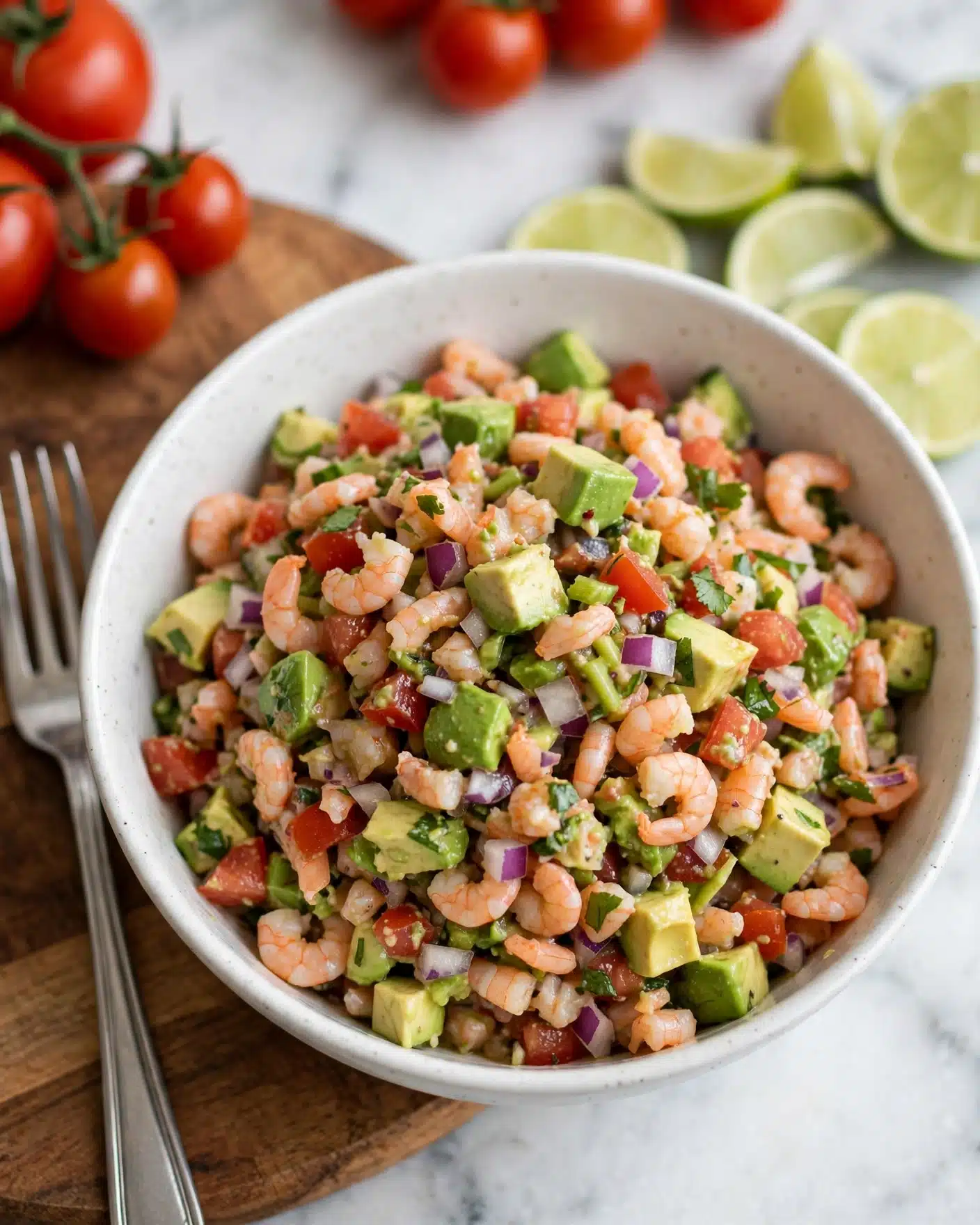 Shrimp Avocado Salad Recipe 5 The image shows a white bowl filled with a colorful shrimp salad. The dish has multiple layers: the bottom layer consists of small shrimp pieces in soft pinkish-orange, mixed with chunks of bright green avocado. Scattered throughout are small red tomato pieces and tiny bits of purple onion, adding color contrast. The textures look fresh and chunky with a mix of smooth avocado and firm shrimp. A silver fork rests on the left side of the bowl, placed on a wooden surface, with some tomatoes on the vine and lime slices visible in the background. The entire setting is on a white marbled texture surface. photo taken with an iphone --ar 4:5 --v 7