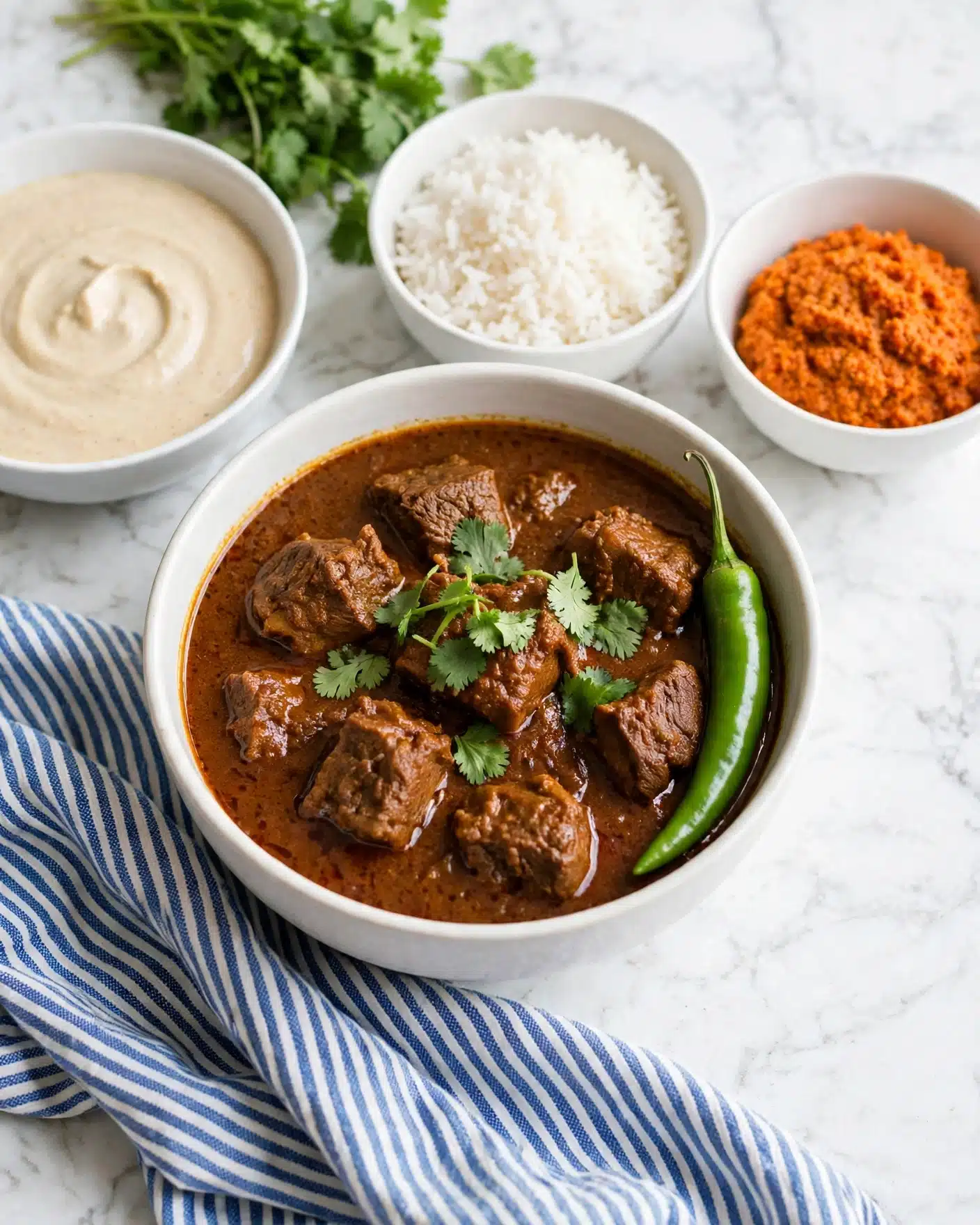 A white bowl filled with rich brown curry containing chunky pieces of meat and a green chili pepper, topped with a bunch of fresh green cilantro leaves in the center; in the background, there are two white bowls, one with white rice and the other with a bright orange grated side dish, all placed on a white marbled surface with a blue and white striped cloth nearby. photo taken with an iphone --ar 4:5 --v 7