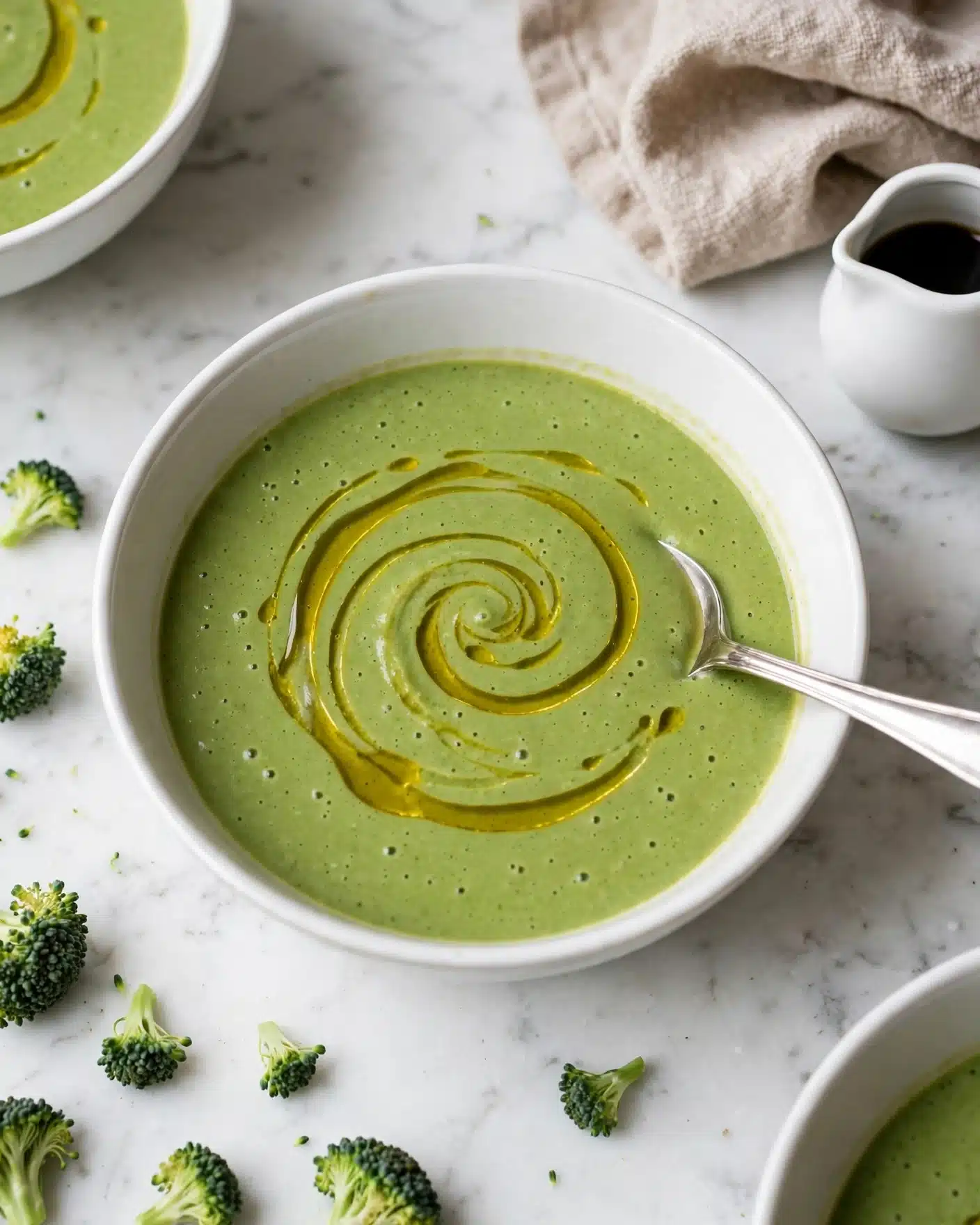 Detox Vegetable Soup with Cashew Cream and Lentils Recipe 5 A white bowl filled with smooth green soup that has a creamy texture and small bubbles on the surface, with a swirl of golden oil drizzled in a pattern on top; a silver spoon rests inside the bowl near the edge on the right side. The bowl is placed on a white marbled surface, surrounded by small broccoli florets and another similar white bowl partially visible at the top left and bottom right corners. There is a beige textured cloth near the top right corner next to a small white pitcher with dark liquid inside. photo taken with an iphone --ar 4:5 --v 7