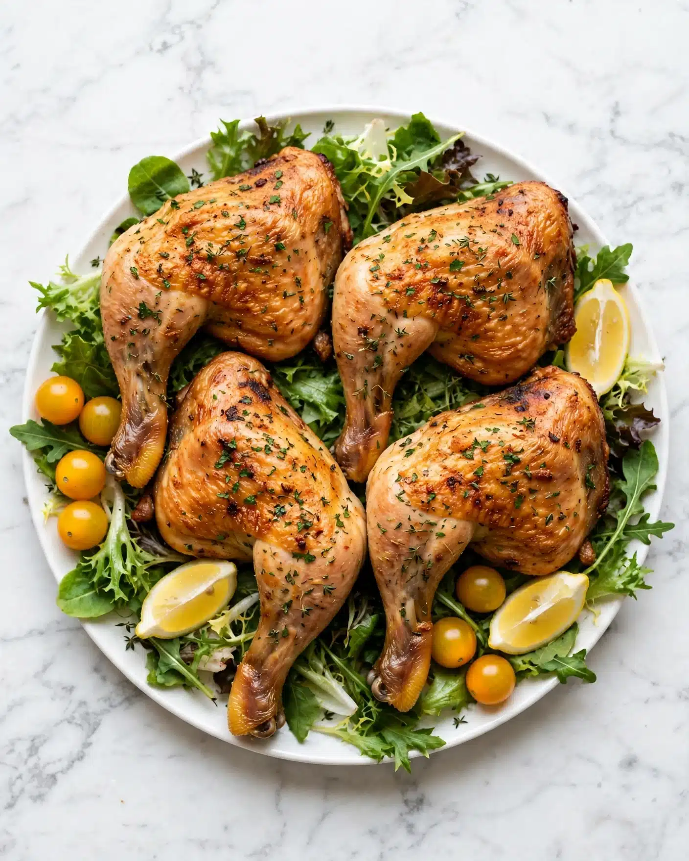 Oven-Roasted Chicken Leg Quarters with Spiced Rub Recipe 5 The image shows a white round plate filled with four large cooked chicken leg quarters placed close to each other, showing golden brown skin with a slightly crispy texture and small green herb bits sprinkled on top. The chicken rests on a base of mixed green leafy lettuce with yellow cherry tomatoes and lemon wedges scattered on the side. Everything sits on a white marbled textured surface. The photo taken with an iphone --ar 4:5 --v 7