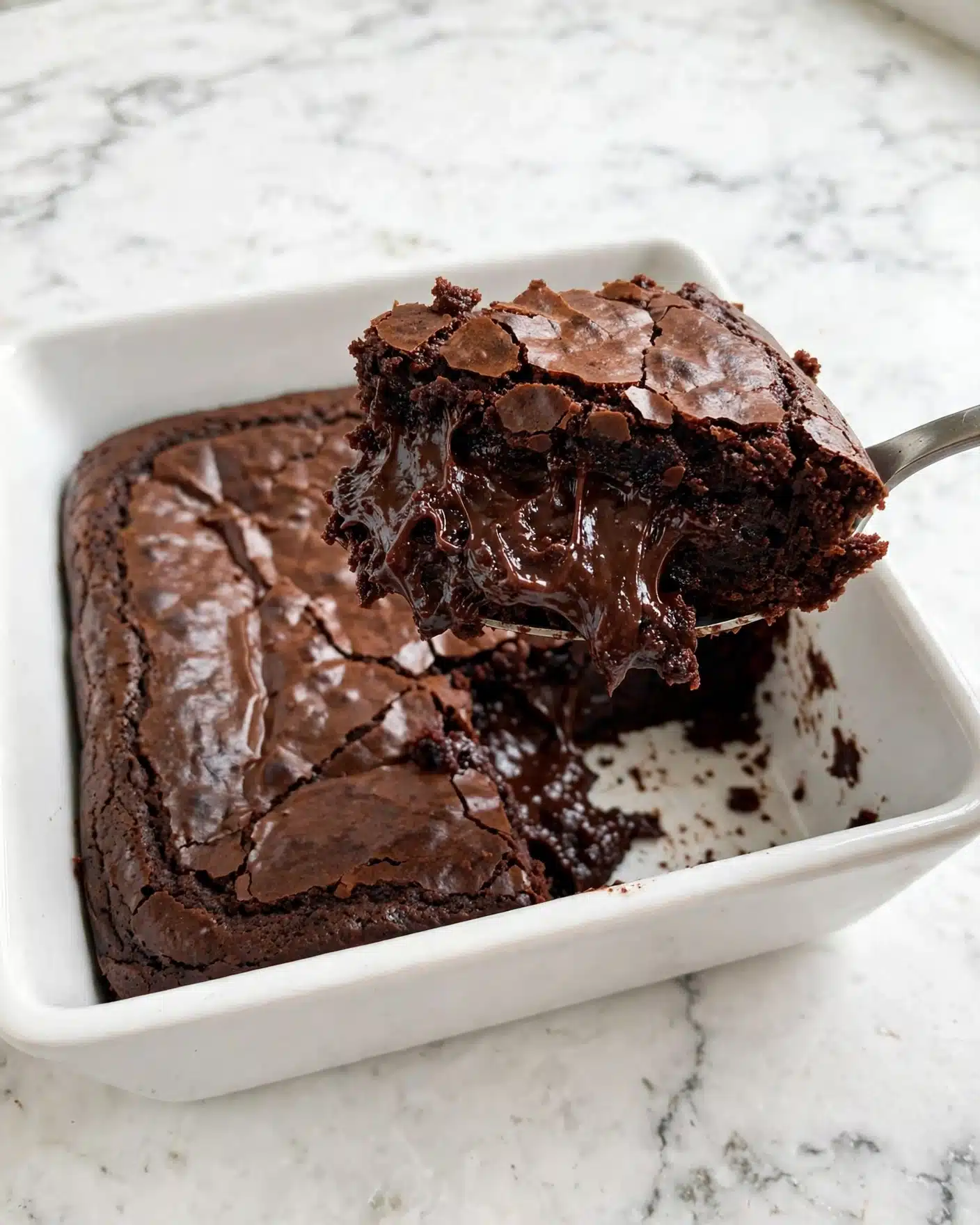 A white square dish filled with a dark, moist chocolate dessert showing a rich and shiny texture on top; a spoon holds a scoop from the dish displaying a thick, dense, and slightly bubbly appearance with a glossy finish that highlights the chocolate's moistness; the white marbled surface is blurred in the background, keeping focus on the chocolate scoop and the dish. photo taken with an iphone --ar 4:5 --v 7
