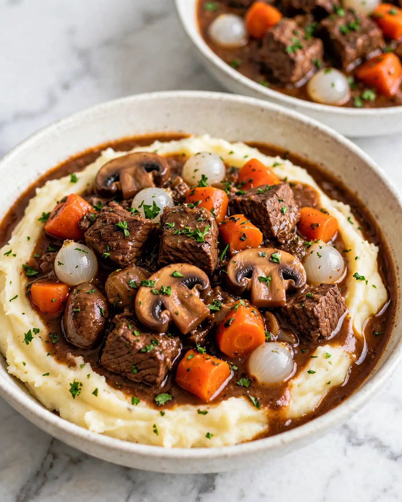 A bowl with creamy mashed potatoes forming the base layer in a pale yellow color with a smooth texture. On top, there is a thick brown beef stew layer filled with chunks of tender beef, carrots in bright orange, whole pearl onions in white, and sliced mushrooms in light brown with a slightly glossy look. The stew sauce is rich and dark brown, pooling around the edges of the potatoes. The dish is sprinkled with finely chopped fresh green herbs. Behind the bowl, a white dish filled with more beef stew is partially visible against a white marbled surface. Photo taken with an iphone --ar 4:5 --v 7