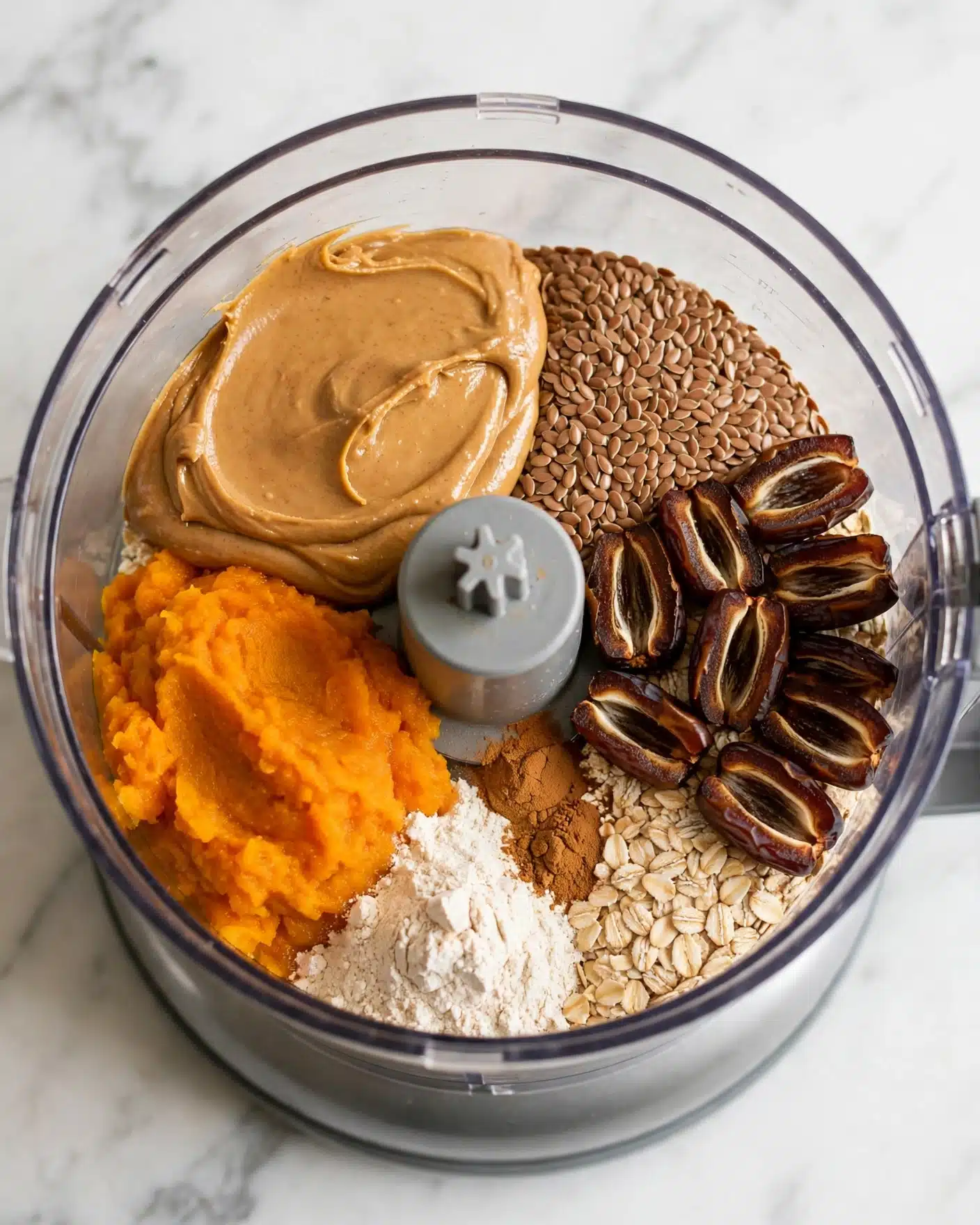 No Bake Pumpkin Spice Energy Balls Recipe 4 A clear food processor bowl with several distinct layers of ingredients inside, arranged neatly in sections. Starting at the top, there is a thick layer of light brown peanut butter, next to a large section of small, light brown flax seeds. Opposite the peanut butter, there are dark brown dates cut in halves, placed on top of a bunch of light beige rolled oats at the bottom. Next to the oats, a pile of bright orange mashed pumpkin fills part of the bowl. Near the pumpkin is a small portion of light beige flour, beside a small patch of medium brown cinnamon powder. All ingredients are separate but ready to be mixed together. The food processor is placed on a white marbled surface. photo taken with an iphone --ar 4:5 --v 7