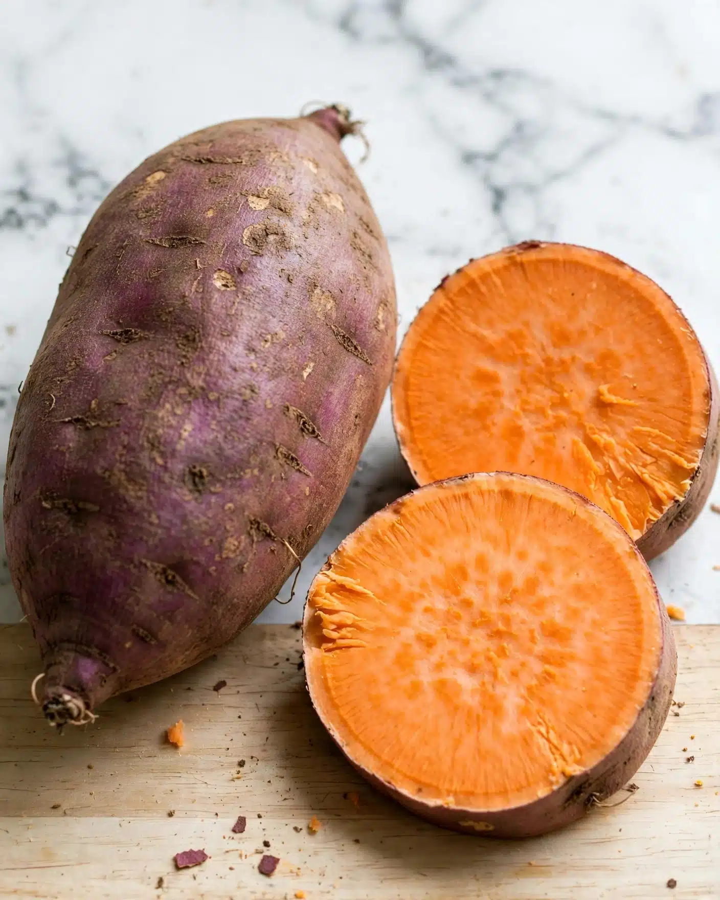 Sweet Potato Toast Recipe 4 A close-up image of a whole sweet potato with two slices placed near it on a light wooden surface, showing its rough purple-brown skin and vibrant orange interior, with natural texture details visible on both the skin and cut areas, all set against a white marbled background. photo taken with an iphone --ar 4:5 --v 7