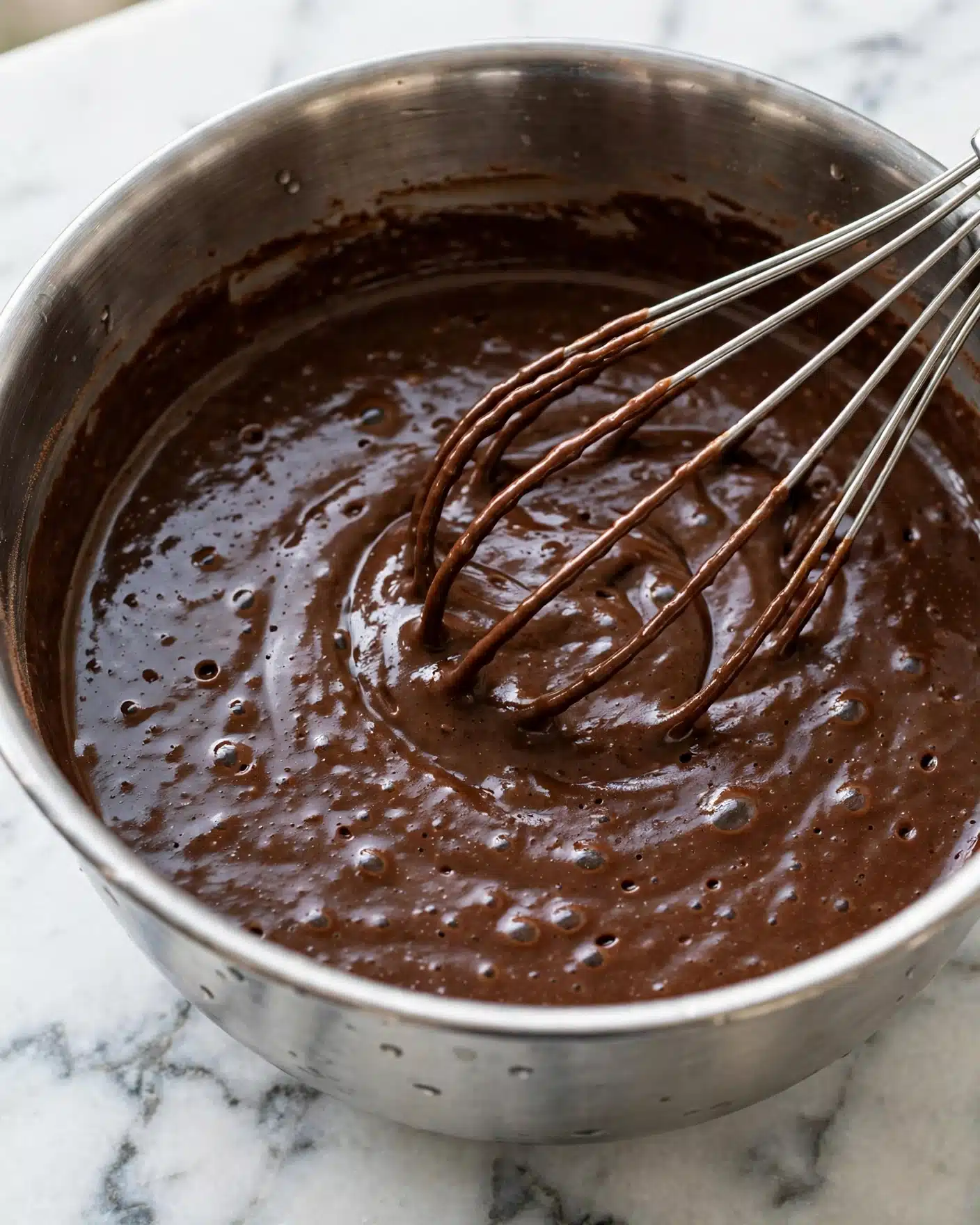 Healthy Chocolate Cake (Whole Wheat, Gluten-Free, Vegan Options) Recipe 4 A close-up view of a metal bowl filled with smooth, thick chocolate batter that has a slightly shiny texture. In the center, there is a metal whisk partially dipped, blending the mixture gently. The chocolate batter is dark brown with small air bubbles on the surface, showing a rich and creamy consistency. The bowl sits on a white marbled surface, creating a clean and bright contrast to the dark batter. photo taken with an iphone --ar 4:5 --v 7
