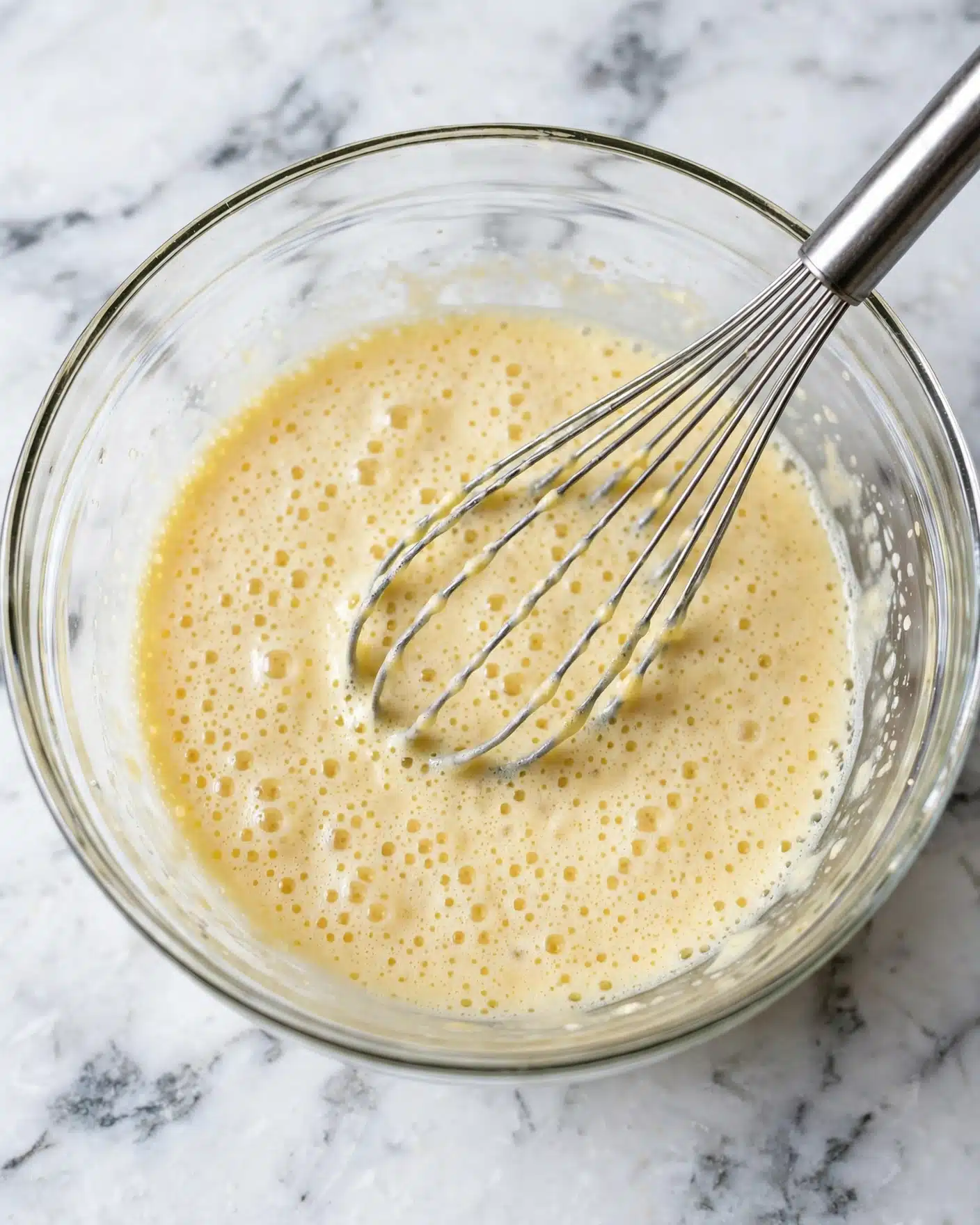 A clear glass bowl filled with a light yellow, frothy mixture with small bubbles on the surface, being stirred by a silver whisk placed inside the bowl. The bowl is set on a white marbled textured surface. Photo taken with an iphone --ar 4:5 --v 7