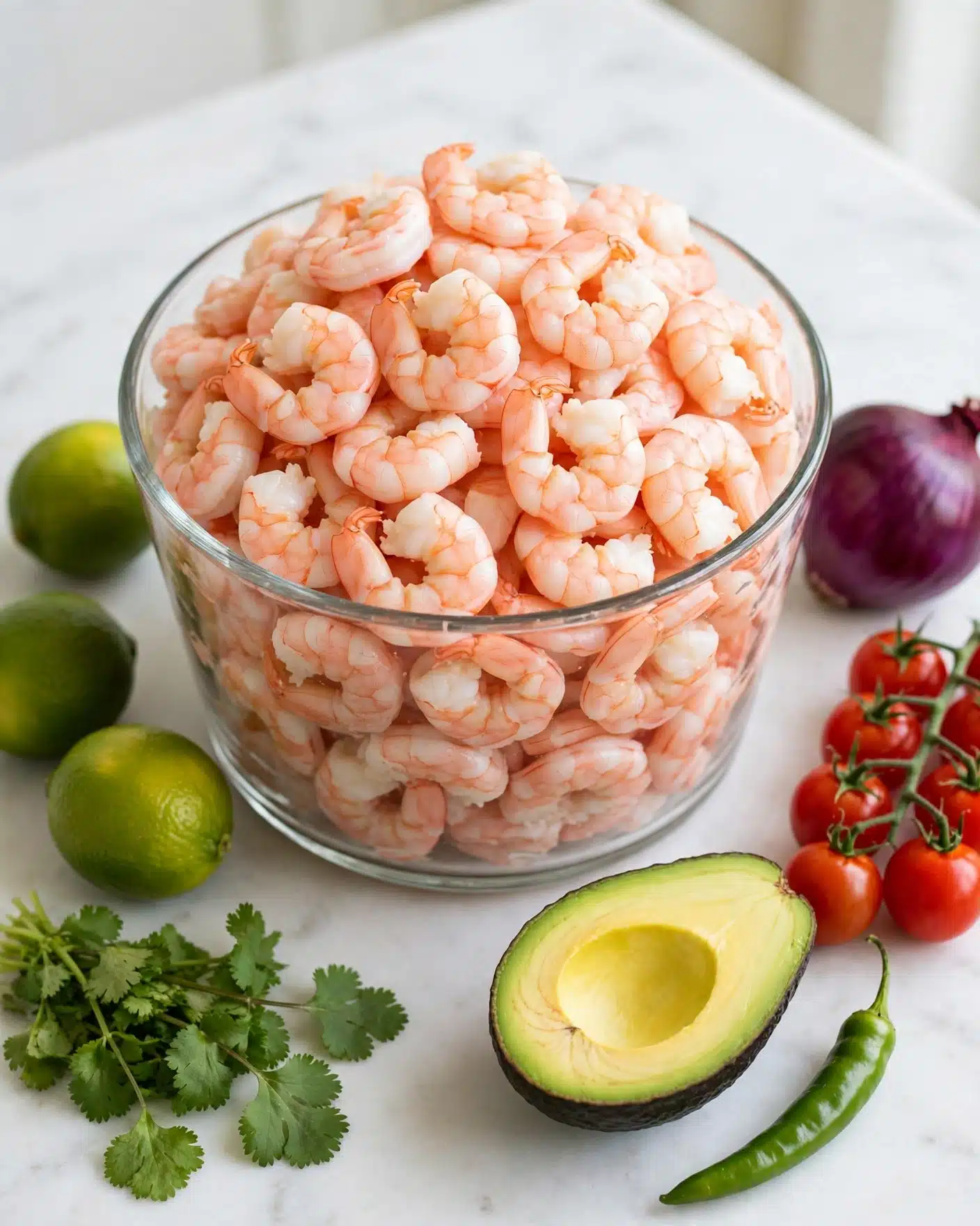 Shrimp Avocado Salad Recipe 4 The image shows a clear glass bowl filled with peeled, cooked shrimp that are pink and white in color. The shrimp are layered evenly and fill the bowl almost to the top. The bowl is placed on a white marbled surface, surrounded by fresh ingredients including three green limes, a halved avocado with its yellow-green inside showing, a purple onion, a green chili pepper, bright red cherry tomatoes on the vine, and a fresh bunch of cilantro leaves. The scene is bright and fresh, giving a clean and natural feel. Photo taken with an iphone --ar 4:5 --v 7