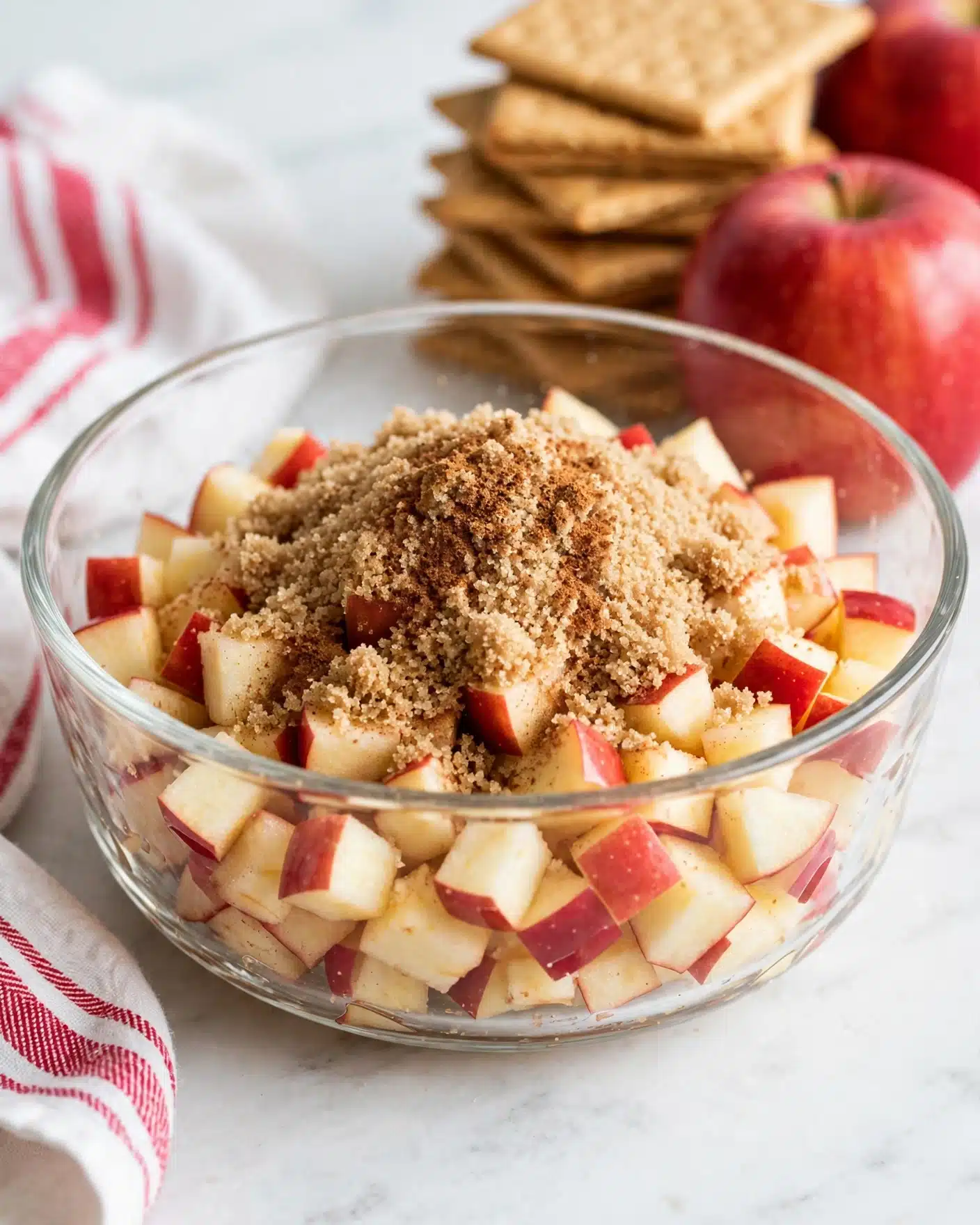 Apple Pie Shots Recipe 4 A clear glass bowl sitting on a white marbled surface contains a mix of small, diced apple pieces with red skin and pale yellow flesh. On top of the apples, there is a mound of light brown sugar and a sprinkle of cinnamon, showing a coarse, slightly grainy texture. The colors create a contrast between the bright red and yellow bits of apple and the warm brown of the sugar and spice, all held within the round shape of the glass bowl. photo taken with an iphone --ar 4:5 --v 7