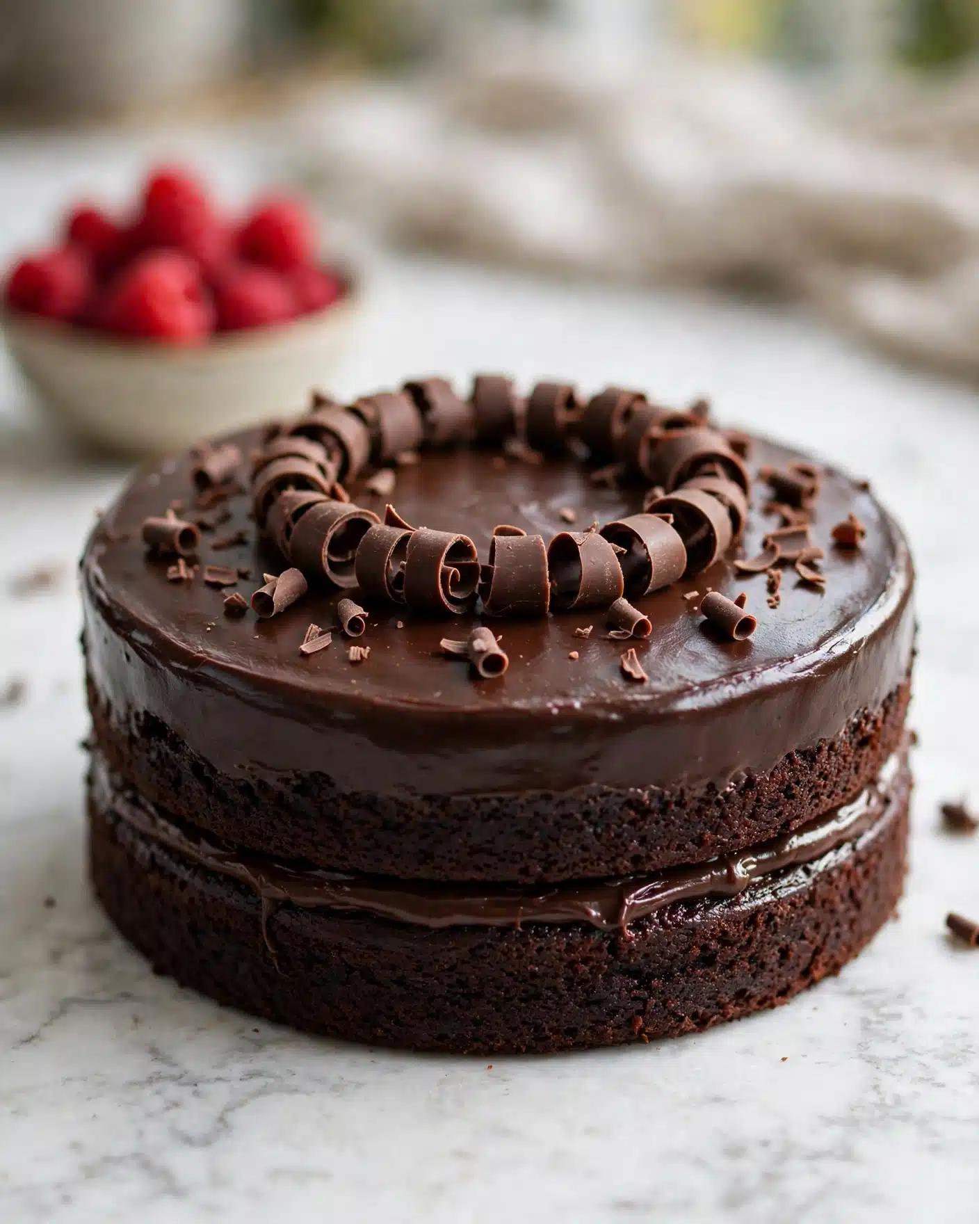 Healthy Chocolate Cake (Whole Wheat, Gluten-Free, Vegan Options) Recipe 5 A two-layer dark chocolate cake sits on a white marbled surface, each layer rich and moist with a thin layer of glossy dark chocolate spread evenly between them. The top of the cake is covered with the same smooth, shiny dark chocolate frosting and decorated with a ring of curled chocolate shavings in the center. Scattered chocolate curls add texture and detail to the top, while a bowl of bright red raspberries sits blurred in the background. Photo taken with an iphone --ar 4:5 --v 7