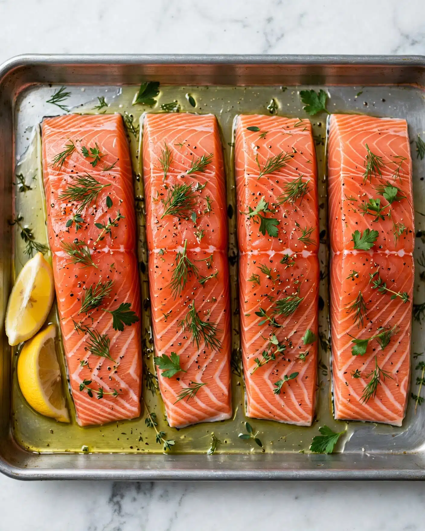 Mediterranean Salmon Quinoa Bowl with Lemon-Herb Marinade and Tzatziki Recipe 4 The image shows a baking tray with four raw salmon fillets placed side by side in a single layer. Each fillet is bright pink with visible white lines of fat and is sprinkled with fresh green herbs, including dill and other leaves, along with black pepper. The salmon sits in a shiny layer of olive oil, which covers the bottom of the tray, making it glisten. On the left side of the tray, there are two lemon wedges resting next to the salmon, adding a splash of yellow. The tray lies on a white marbled surface, giving a clean and fresh background. photo taken with an iphone --ar 4:5 --v 7