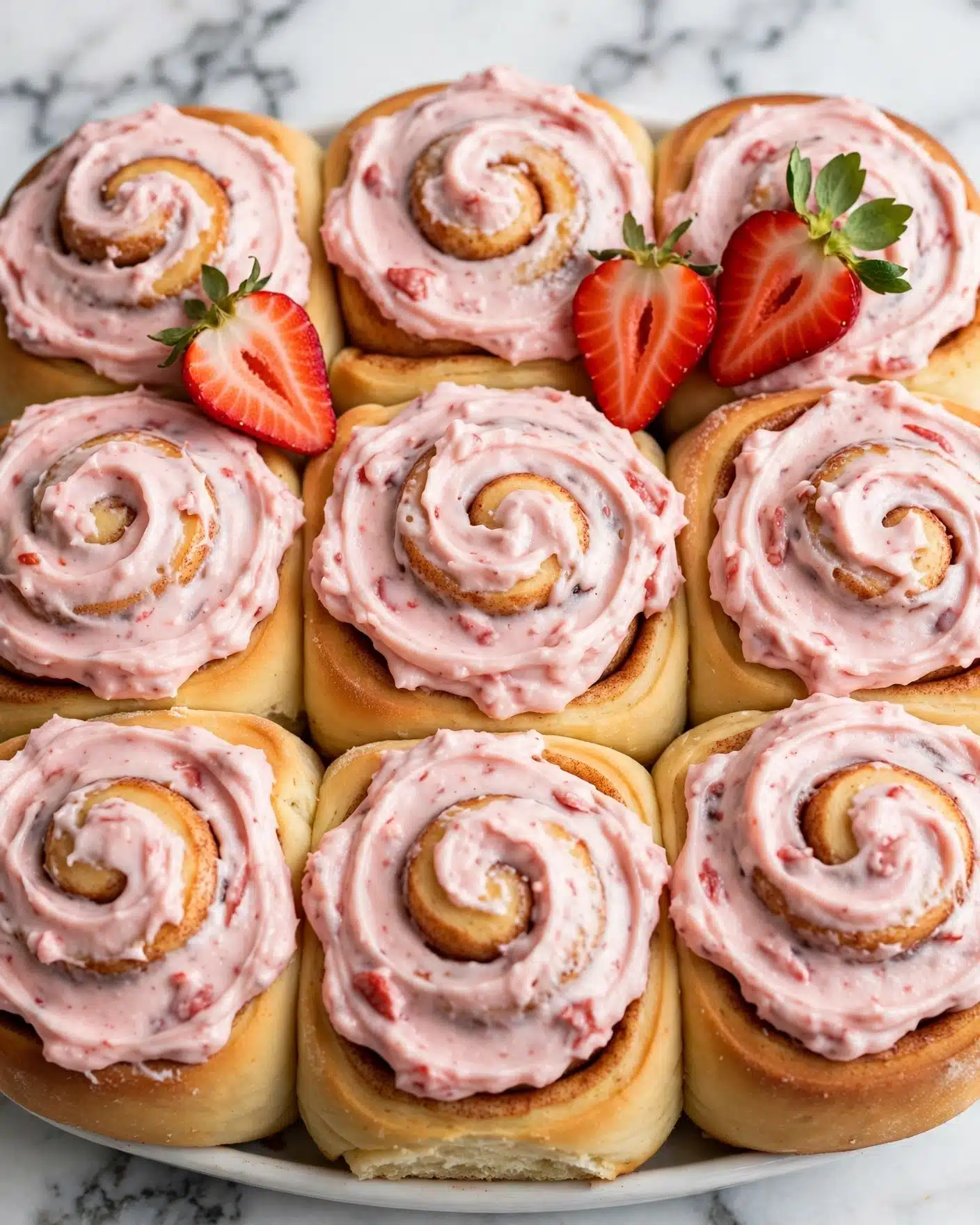 Strawberry Cinnamon Rolls with Strawberry Cream Cheese Frosting Recipe 5 A close-up of a round cake with one slice pulled out, showing two main layers: a soft, light yellow sponge cake with red strawberry bits swirled inside and a thick, creamy pink strawberry frosting spread generously on top and between the layers. The frosting has a smooth, slightly textured look with visible small fruit pieces and is decorated with fresh whole strawberry halves on top. The cake is on a white marbled surface, and a woman's hand is holding the removed slice. Photo taken with an iphone --ar 4:5 --v 7