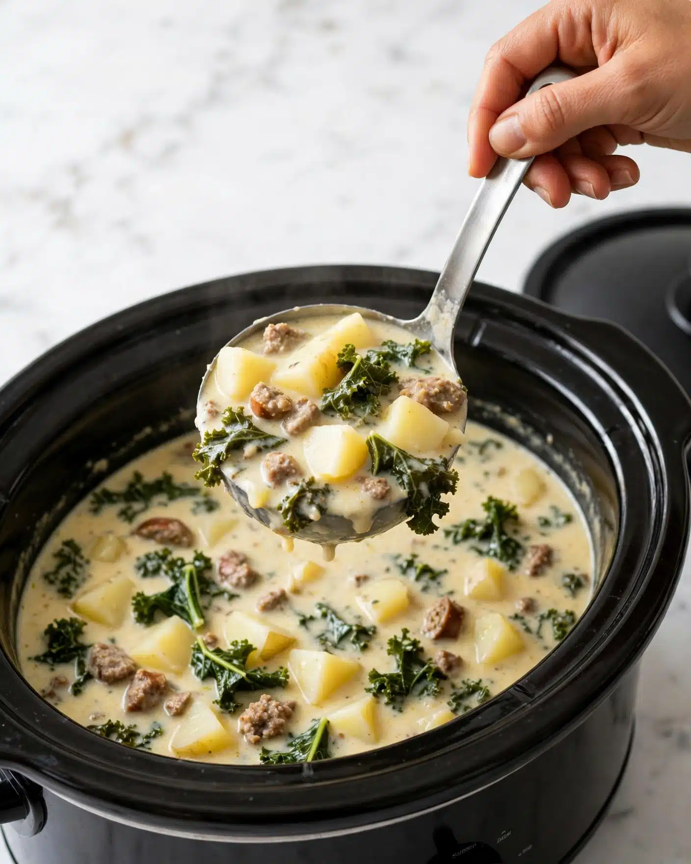Zuppa Toscana (Olive Garden Copycat) Recipe 5 A black slow cooker filled with creamy soup showing layers of light yellow broth mixed with green leafy kale pieces, beige chunks of sausage, and pale yellow potato pieces. A close-up of a silver ladle, held by a woman's hand, scooping the soup with a clear view of the soup’s rich texture and colorful ingredients floating in the thick broth. The scene is set on a white marbled surface. photo taken with an iphone --ar 4:5 --v 7