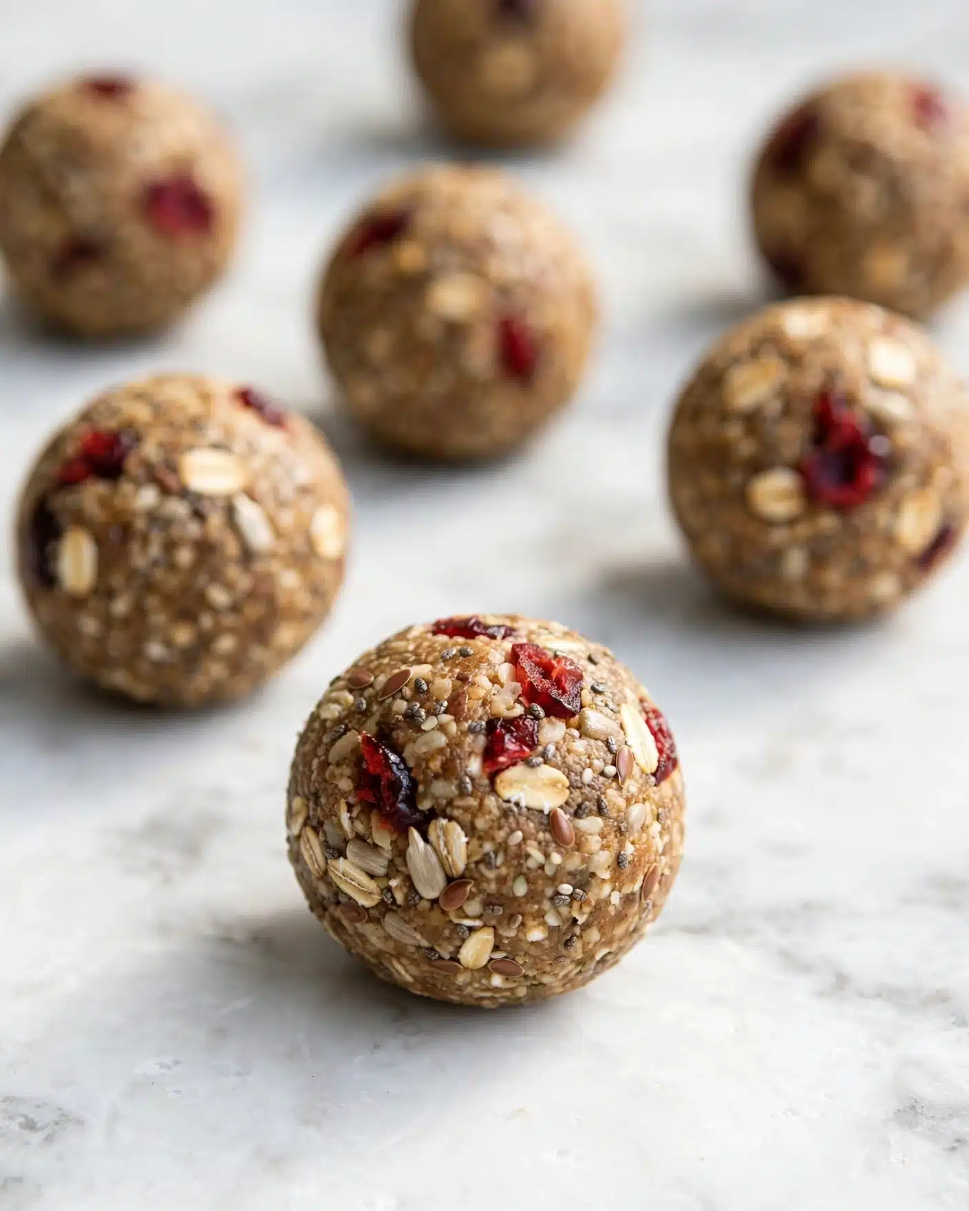 No Bake Pumpkin Spice Energy Balls Recipe 5 The image shows several round energy balls placed on a white marbled surface. Each ball is light brown with a slightly rough texture, indicating oats and small seeds inside. On the surface of each ball, there are pieces of dried red fruit, likely cranberries, embedded to add color and texture. The balls are spread out evenly, with one ball in sharp focus front and center, showing its detail clearly, while others fade softly into the background. Photo taken with an iphone --ar 4:5 --v 7