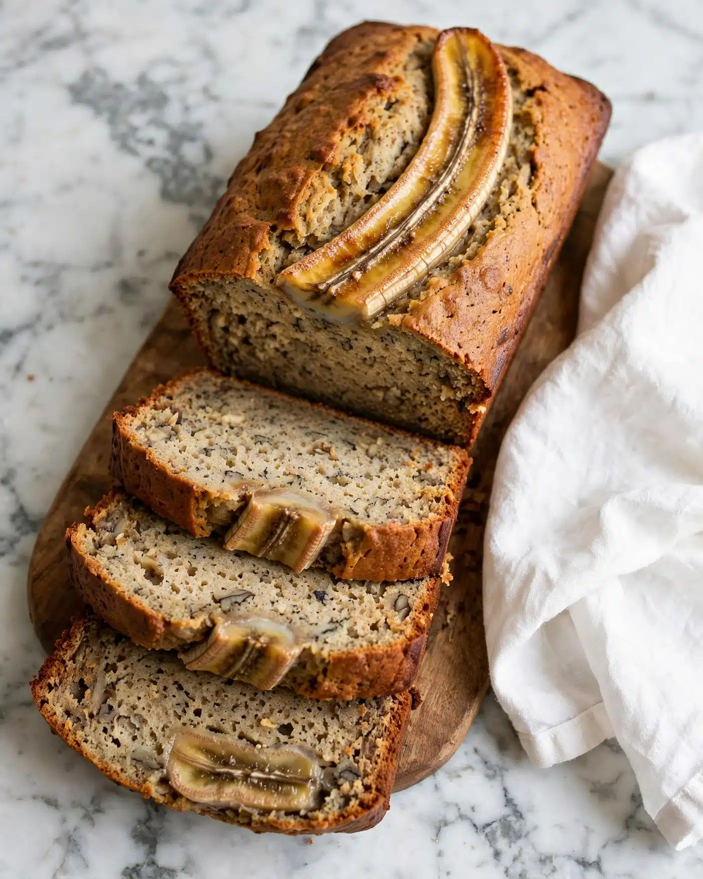 A loaf of banana bread is shown sliced on a wooden board with a white cloth beside it, placed on a white marbled surface. The top layer of the bread is golden brown with a split banana piece visible, running lengthwise and slightly caramelized. The inside of the bread is textured and moist-looking, with a light brown color and small dark specks throughout. The bottom slice also shows a soft banana piece embedded inside. The bread has a thick single layer and is slightly risen with a rustic appearance. Photo taken with an iphone --ar 4:5 --v 7