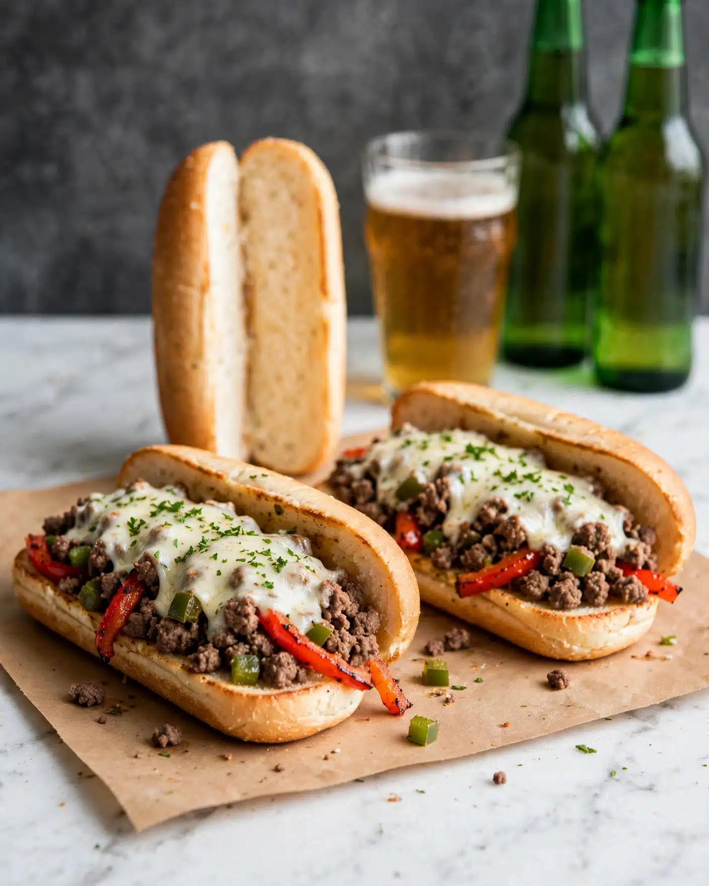Two sandwiches with soft, light brown bread filled with cooked ground beef, melted white cheese, slices of green and red bell peppers, and fresh green herbs. The sandwiches lie open on light brown paper on a white marbled surface. Behind, there is a glass filled with amber beer with a small white foam top and a green bottle next to it, both resting on the same white marbled texture. photo taken with an iphone --ar 4:5 --v 7