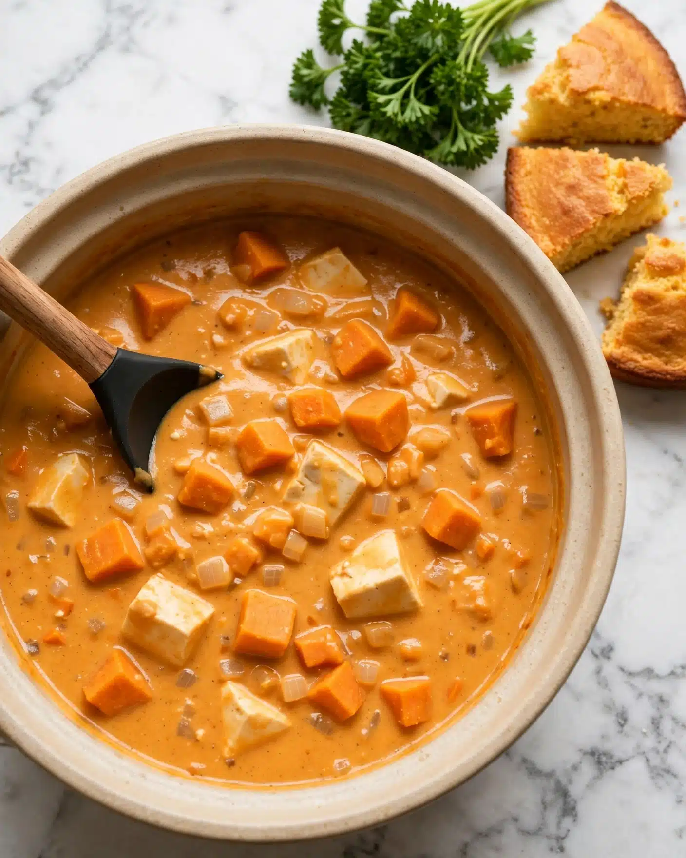 A large beige pot filled with creamy orange stew, showing several soft chunks of tofu and cubes of orange sweet potato mixed with small pieces of onion, all in a smooth and thick sauce. A wooden spoon with a black tip rests inside the stew on the left side. In the background on a white marbled texture, there is a bunch of fresh green parsley and three pieces of golden brown cornbread. The whole scene has a warm, comforting feel. Photo taken with an iphone --ar 4:5 --v 7