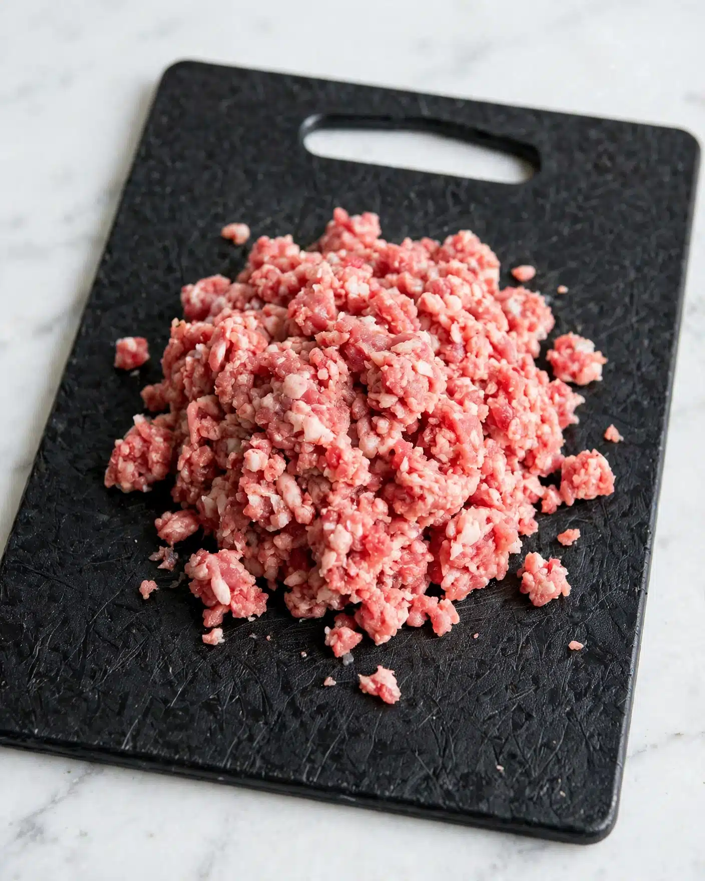 A pile of raw ground meat with mixed pink and pale white colors lies loosely spread on a dark gray cutting board with a slightly rough, speckled texture. The background shows a white marbled texture visible around the edges of the cutting board. Photo taken with an iphone --ar 4:5 --v 7