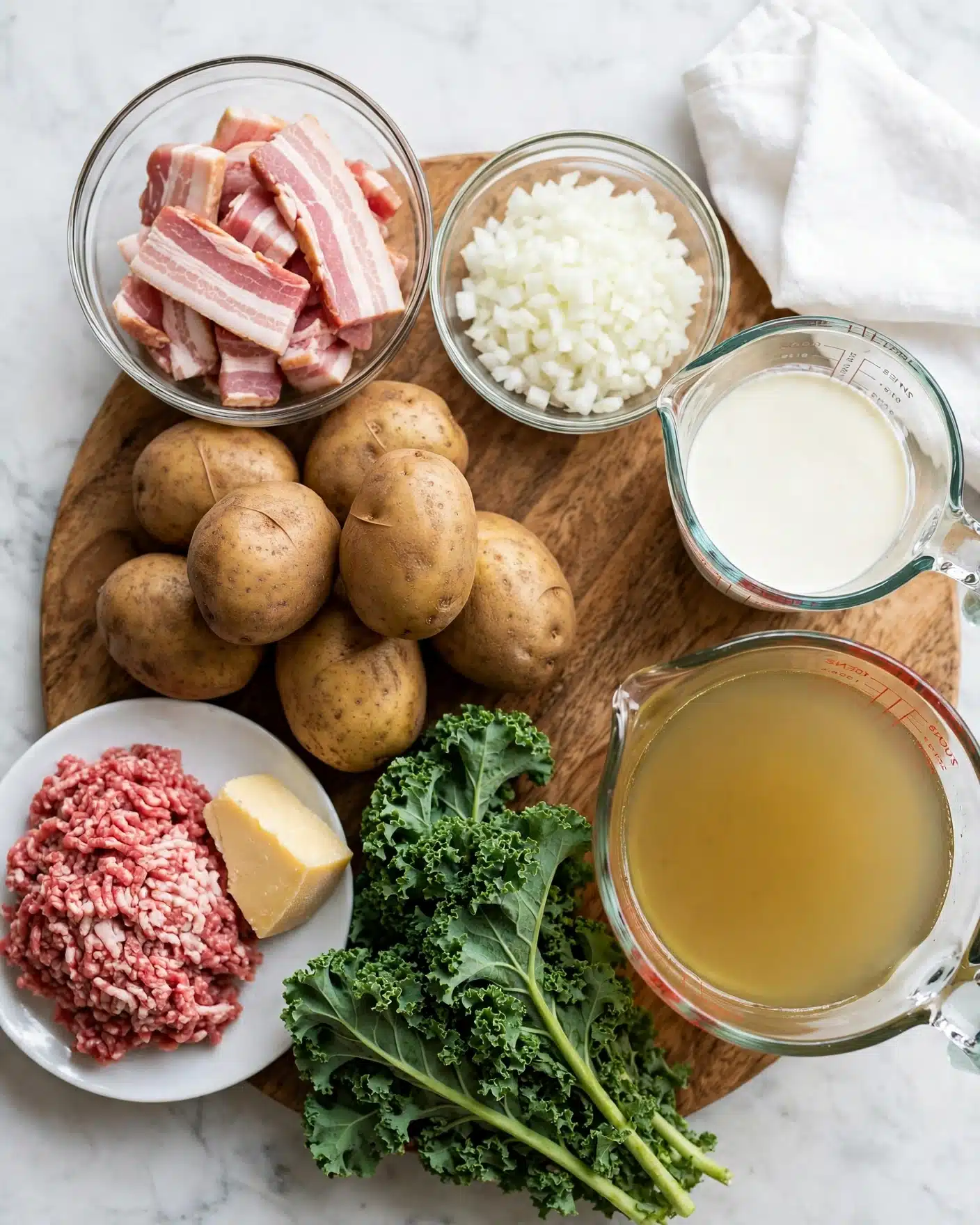 Zuppa Toscana (Olive Garden Copycat) Recipe 4 The image shows raw cooking ingredients neatly arranged on a wooden surface. There are two glass bowls at the top left: one filled with thick chunks of raw pork meat, and the other with finely chopped white onions. To their right is a glass measuring cup filled with creamy white milk. Below these, a cluster of brown potatoes lies in the center-left, while a large bunch of dark green curly kale is placed on the right. Near the bottom center, there is a wedge of pale yellow cheese beside a white plate holding a square of raw ground meat mixed with fat. At the bottom right, a large glass measuring cup is filled with light brown broth or stock. A light cloth napkin partially covers the upper right corner. photo taken with an iphone --ar 4:5 --v 7