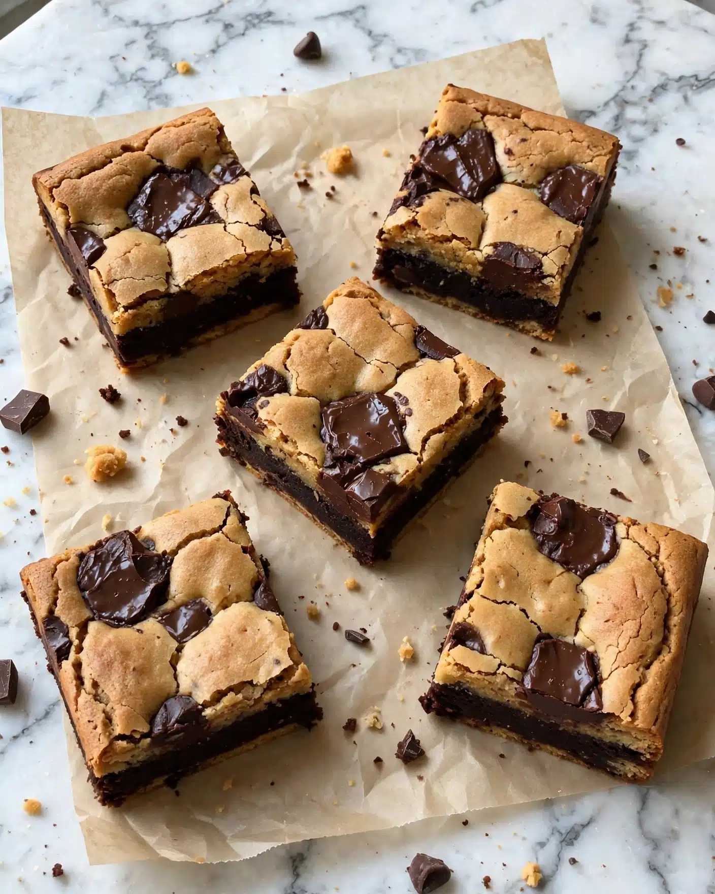 The image shows several square dessert bars with two main layers: a dark brown chocolate base layer and a lighter golden-brown top layer with a cracked, crispy texture. Large pieces of melted and solid dark chocolate are scattered on the top layer, creating a mix of shine and matte textures. The bars are placed on crinkled parchment paper, which has some chocolate smudges and crumbs around them. The dessert pieces are arranged with space between them on a white marbled surface. photo taken with an iphone --ar 4:5 --v 7