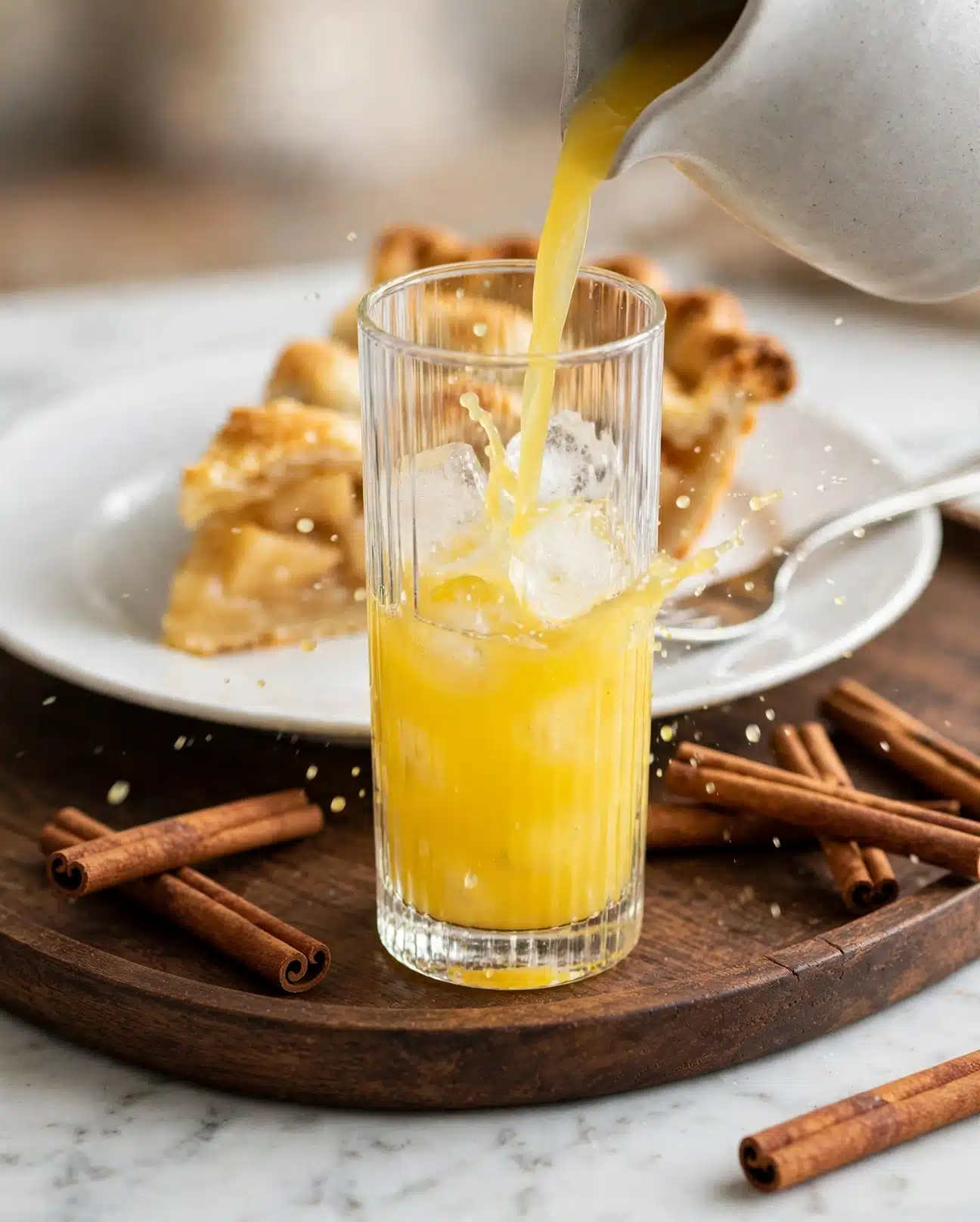 A clear textured tall glass containing several medium-sized ice cubes scattered inside, with bright yellow juice being poured from a light gray jug into the glass. The juice has a smooth, liquid texture and is filling up from the bottom layer, creating a small splash. The scene is set on a white marbled surface with a blurred background featuring warm tones and a cinnamon stick to the side. Photo taken with an iphone --ar 4:5 --v 7