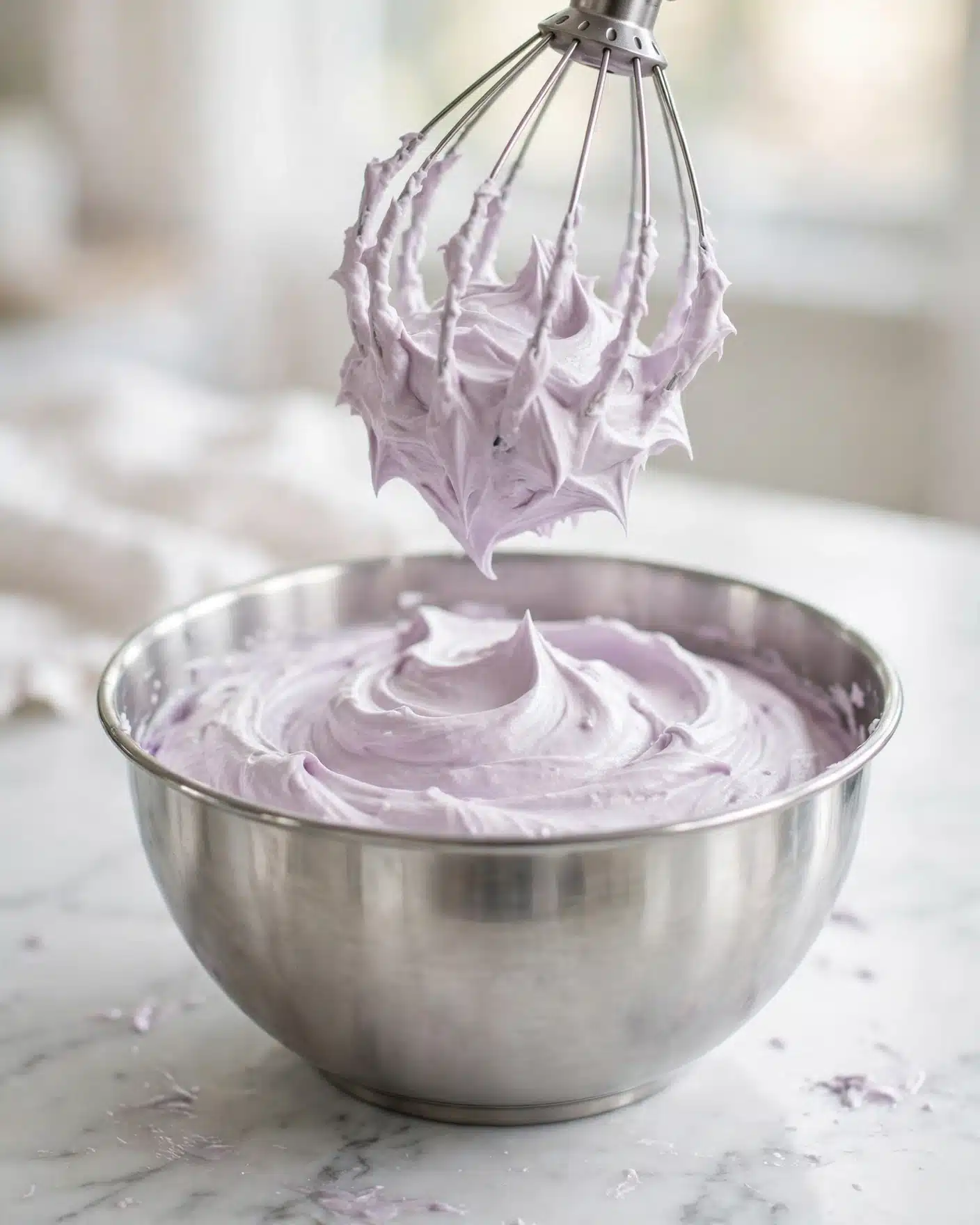 A close-up image shows a metal whisk attached to a mixer, lifting thick, smooth light purple cream above a shiny metal mixing bowl filled with the same cream. The cream has a soft texture and swirls inside the bowl. The background is a white marbled surface. photo taken with an iphone --ar 4:5 --v 7
