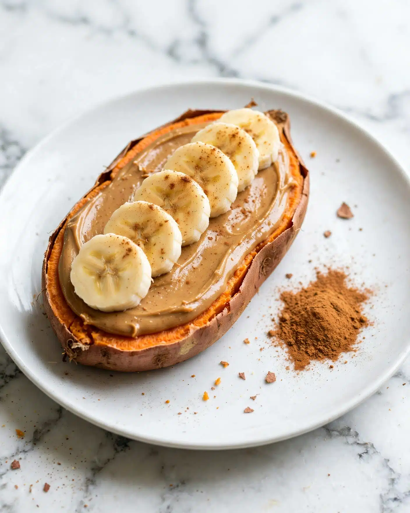 Sweet Potato Toast Recipe 5 A white plate with a baked orange sweet potato slice topped with a smooth light brown layer of peanut butter spread evenly across it. On top, there are several round banana slices arranged in a single line along the sweet potato. A light dusting of cinnamon powder is sprinkled over the bananas and a small pile of cinnamon powder is on the plate near the sweet potato. The plate sits on a white marbled surface. photo taken with an iphone --ar 4:5 --v 7