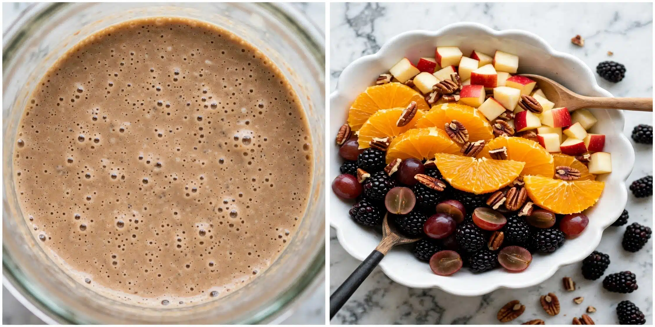 The image shows two frames side by side. On the left is a close-up of a smooth, light brown liquid mixture with tiny bubbles on the surface inside a clear container, viewed from above. On the right is a white bowl filled with colorful fresh fruit and nut pieces. The bowl contains roughly chopped red apples with skin, bright orange slices, dark blackberries, halved purple grapes, and a heap of chopped pecans placed on top. The bowl rests on a white marbled surface. Photo taken with an iphone --ar 4:5 --v 7