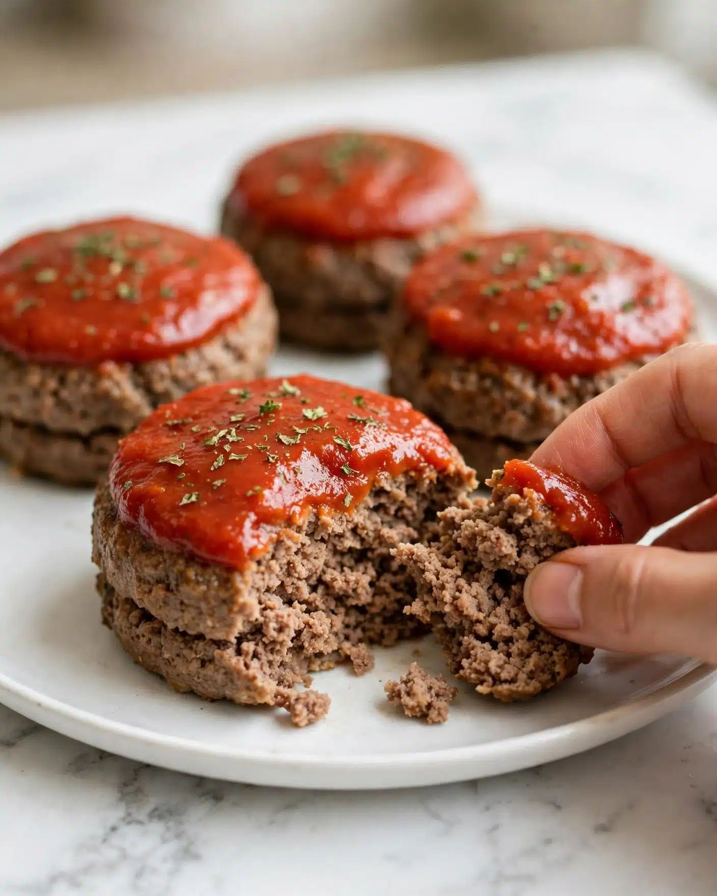 The image shows mini meatloaves placed on a white plate on a white marbled surface. Each mini meatloaf has two main layers: the bottom layer is a dense, brown, cooked meat mixture with a coarse texture, while the top layer is a bright red sauce spread evenly. The sauce is glossy and smooth with some green herb bits sprinkled on top. One mini meatloaf in the front has a bite taken out, showing the soft, crumbly inside. A woman's hand is gently pulling apart this piece, highlighting the texture. The background is softly blurred to focus on the meatloaves. Photo taken with an iphone --ar 4:5 --v 7