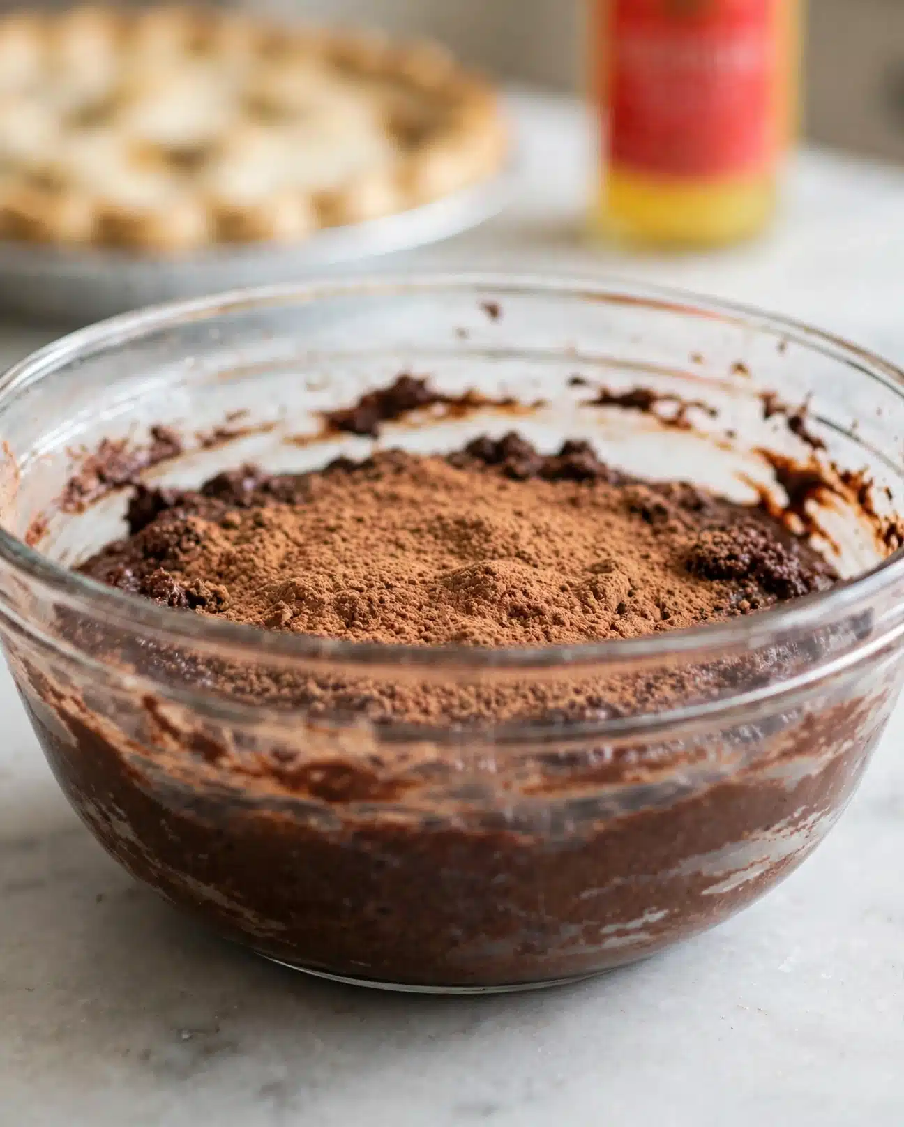 A close-up image shows a glass bowl filled with a dark brown cake mix, topped with a layer of light brown cocoa powder dusted evenly across the surface. The sides of the bowl have some cake batter smudges, giving a slightly textured look around the edges. The bowl is placed on a white marbled surface, and the lighting highlights the rough and powdery texture of the cocoa layer. photo taken with an iphone --ar 4:5 --v 7