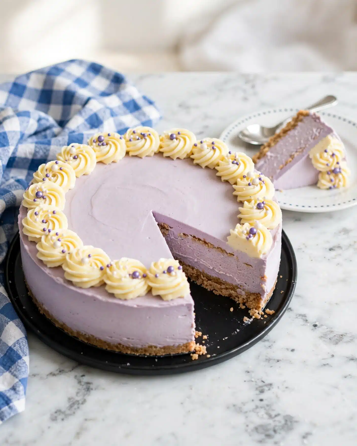 The image shows a round cake with one slice removed, placed on a white marbled surface with a blue and white cloth underneath. The cake has three visible layers: a light brown crumbly base, a thick middle layer of smooth purple filling, and a top layer of light purple frosting. On top of the cake, there are evenly spaced swirls of pale yellow cream decorated with small white and purple round sprinkles. The removed slice is placed on a white plate with a dotted edge, and a woman’s hand holds a silver spoon resting on the plate next to the slice. Photo taken with an iphone --ar 4:5 --v 7
