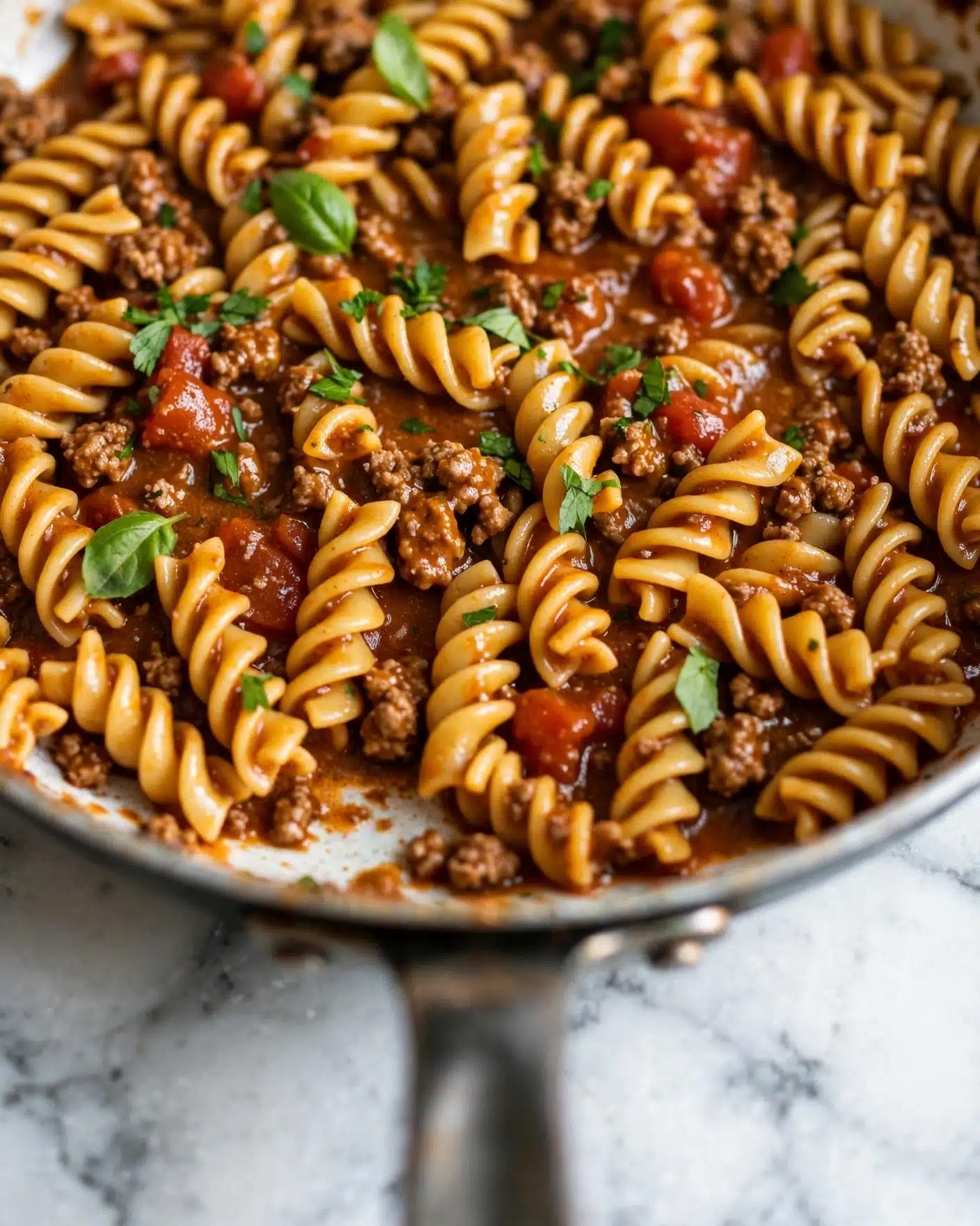This close-up image shows a pan full of spiral pasta mixed with a rich brown meat sauce and small bits of tomatoes and green herbs scattered on top. The pasta is coated with the glossy sauce, and the meat looks crumbly and moist, filling the spaces inside the spirals. Bright green leaves of fresh herbs are spread across the dish, adding a fresh look against the warm brown and golden-yellow colors of the pasta and sauce. The handle of the pan is visible in soft focus at the bottom, and the pan has a smooth white marbled texture under it. Photo taken with an iphone --ar 4:5 --v 7