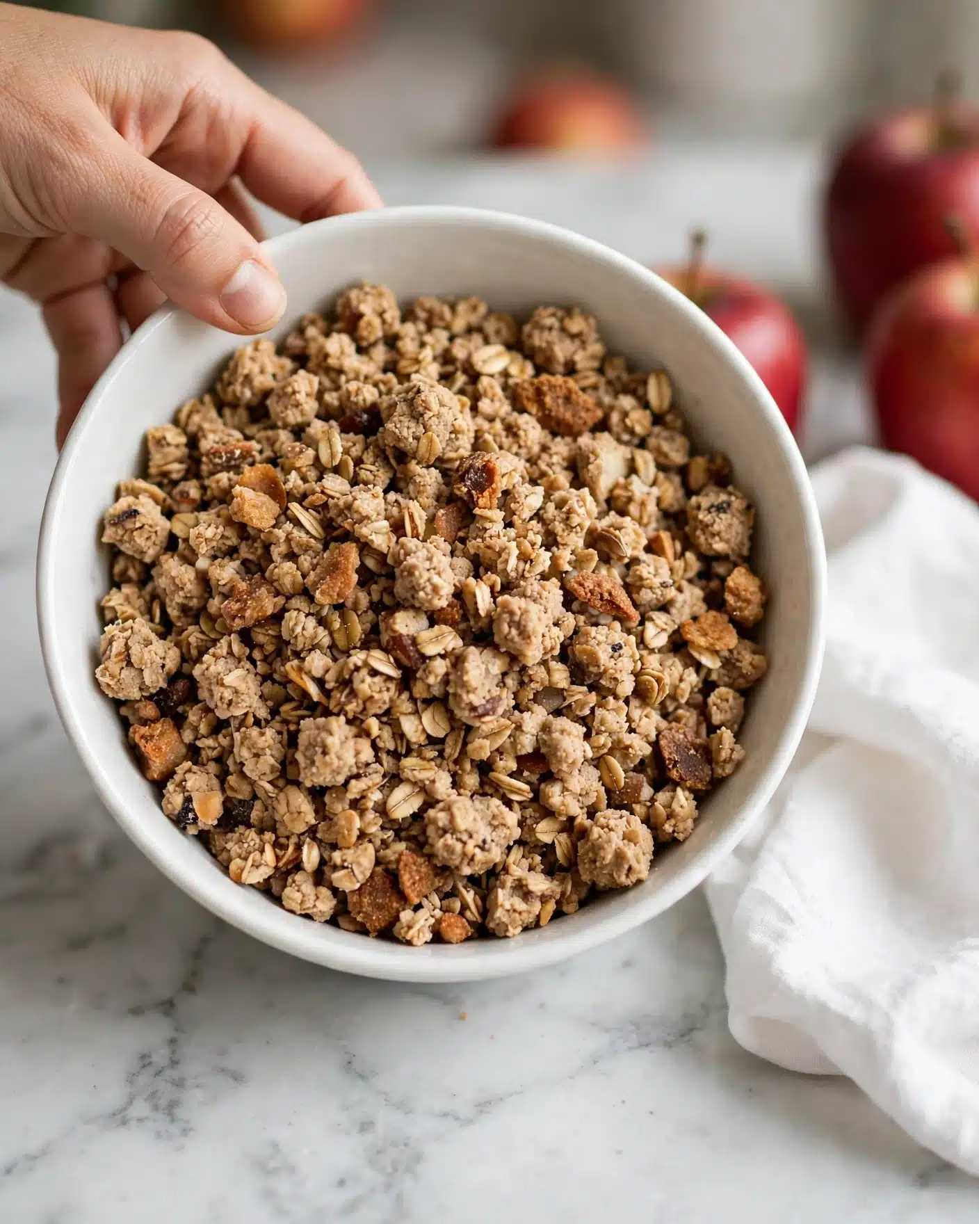 The image shows a white bowl filled with a crumbly, light brown mixture that looks dry and chunky. The bowl is on a white marbled surface, and near it on the right side is a white cloth. A woman's hand is seen holding the bowl from the top left corner. The background also has some red apples partially visible. Photo taken with an iphone --ar 4:5 --v 7